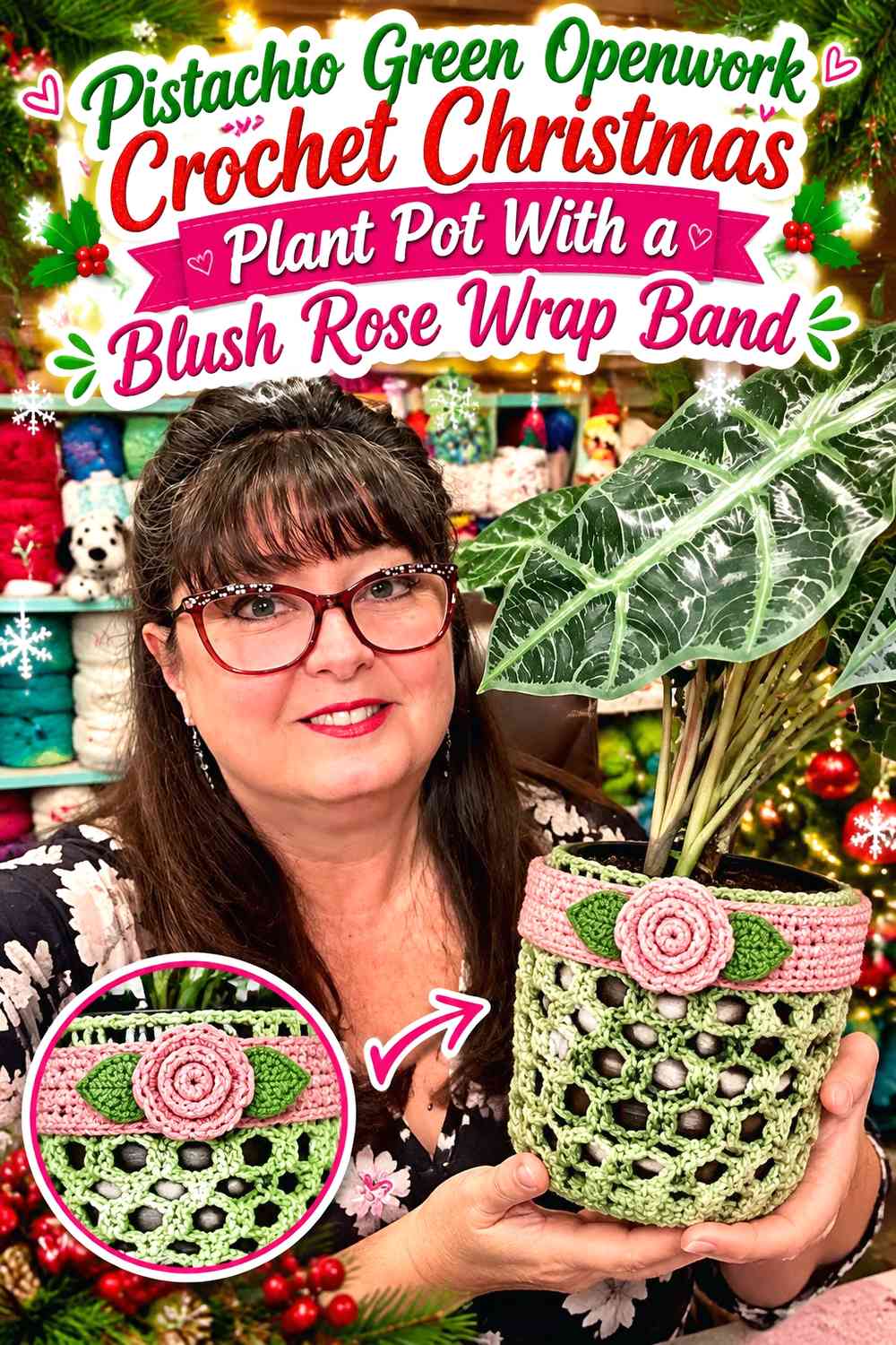 Pistachio Green Openwork Crochet Christmas Plant Pot With a Blush Rose Wrap Band