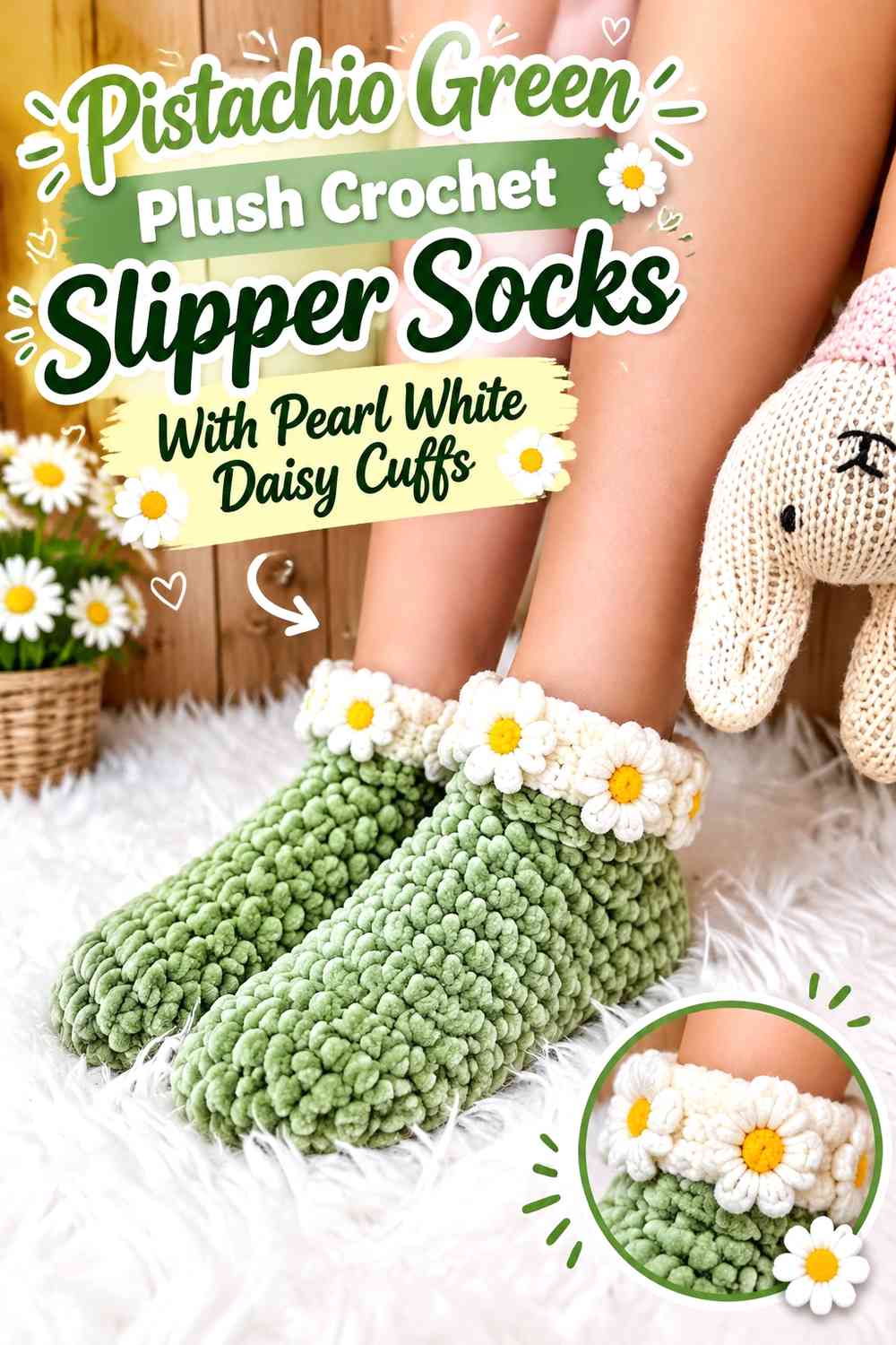 Pistachio Green Plush Crochet Slipper Socks With Pearl White Daisy Cuffs
