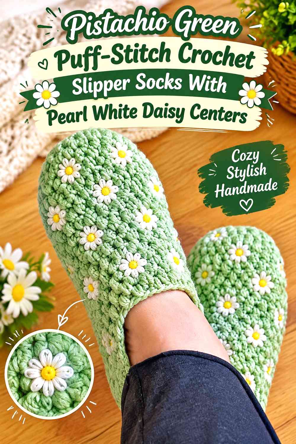 Pistachio Green Puff-Stitch Crochet Slipper Socks With Pearl White Daisy Centers