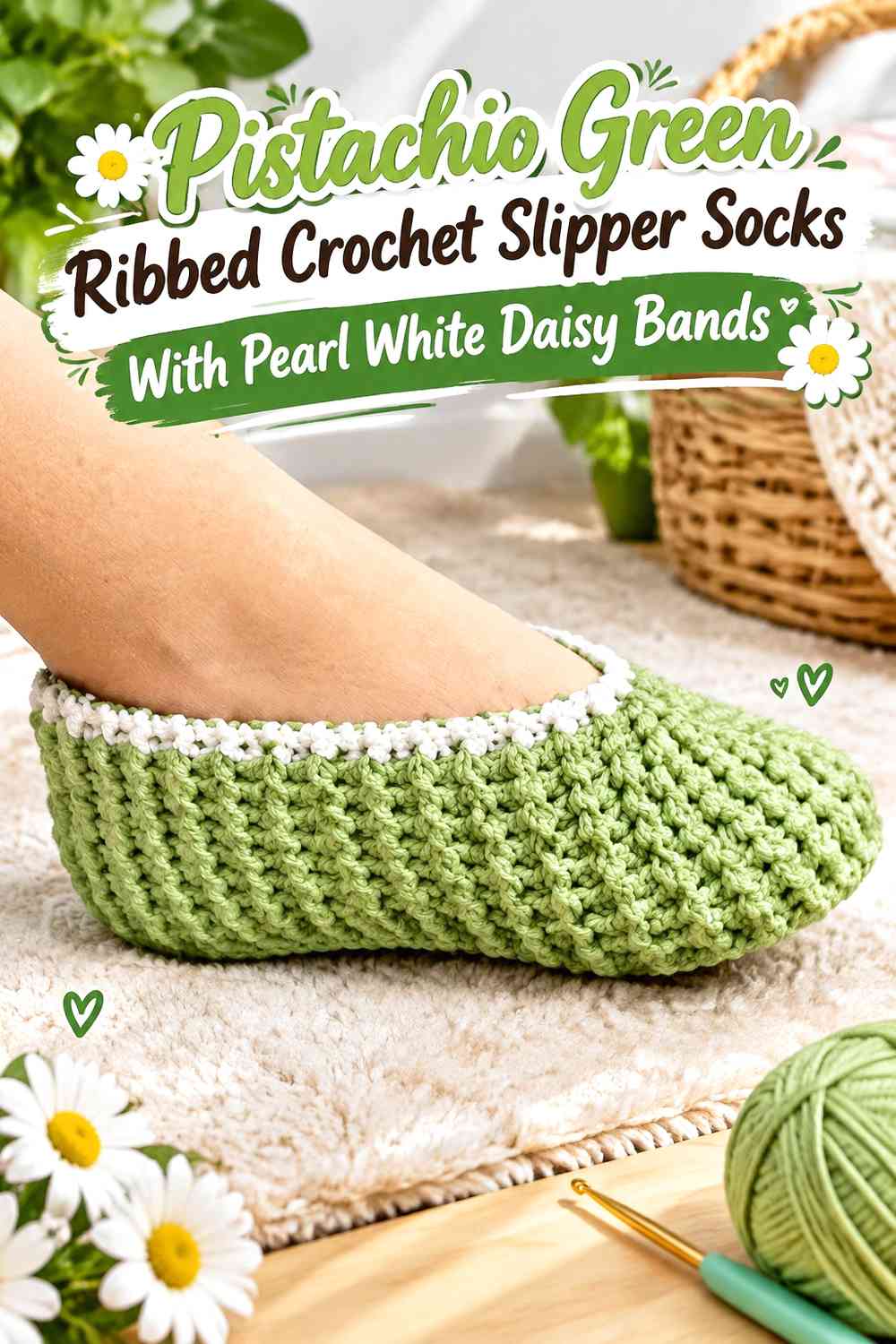 Pistachio Green Ribbed Crochet Slipper Socks With Pearl White Daisy Bands