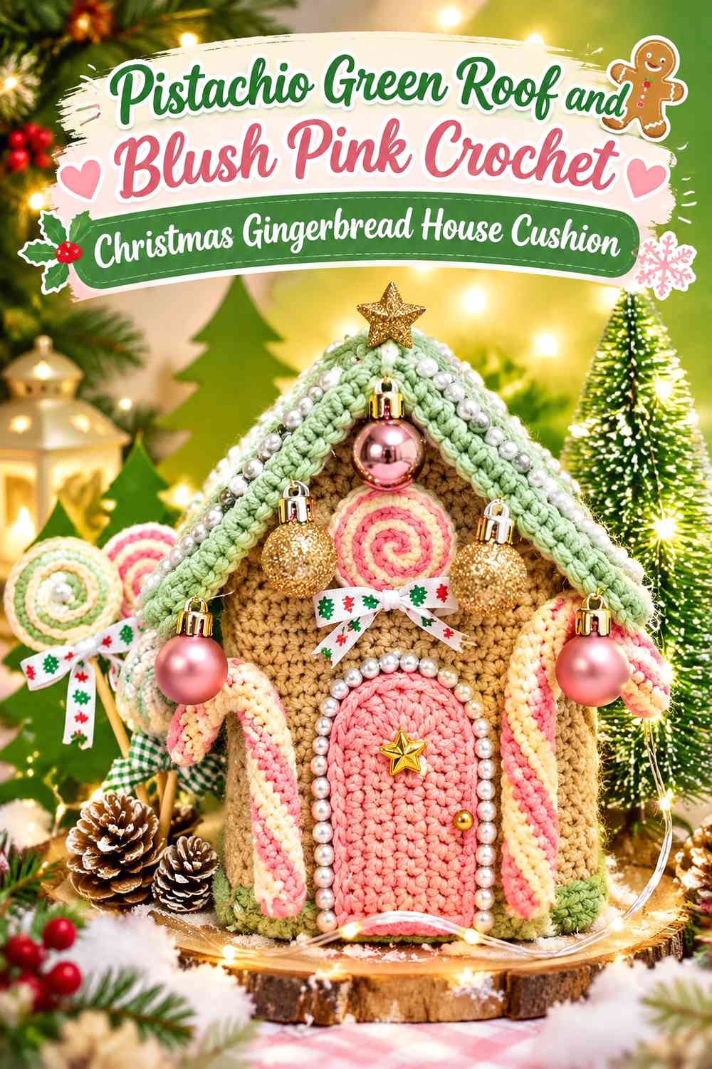 Pistachio Green Roof and Blush Pink Crochet Christmas Gingerbread House Cushion