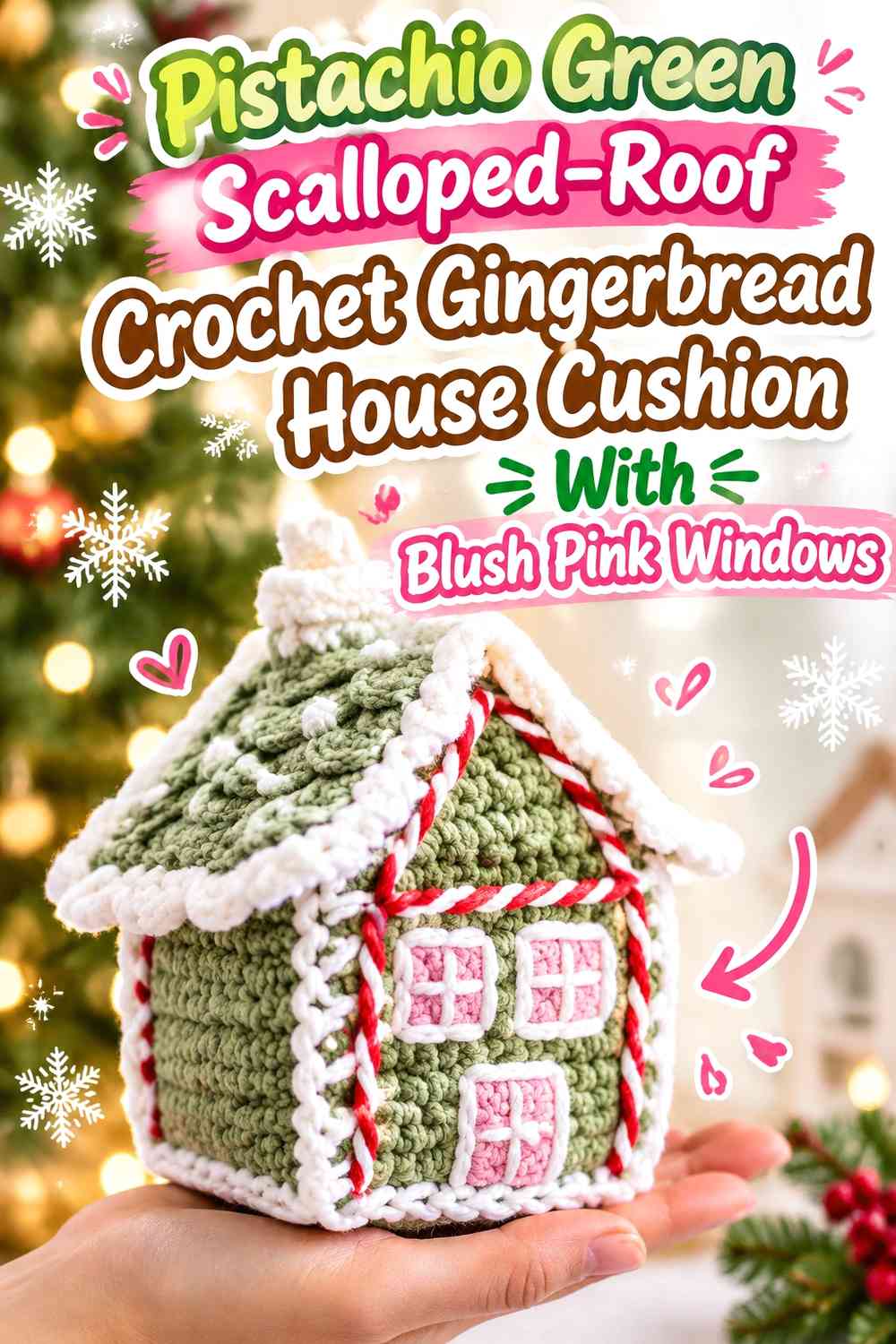 Pistachio Green Scalloped-Roof Crochet Gingerbread House Cushion With Blush Pink Windows