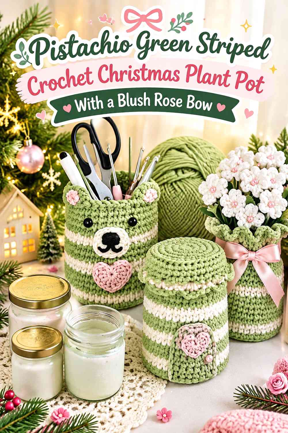 Pistachio Green Striped Crochet Christmas Plant Pot With a Blush Rose Bow