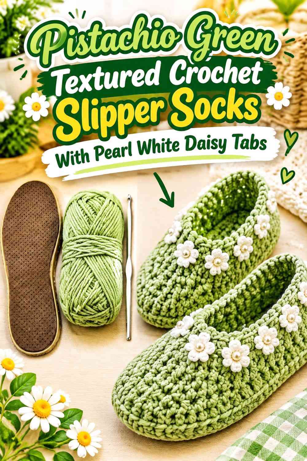 Pistachio Green Textured Crochet Slipper Socks With Pearl White Daisy Tabs