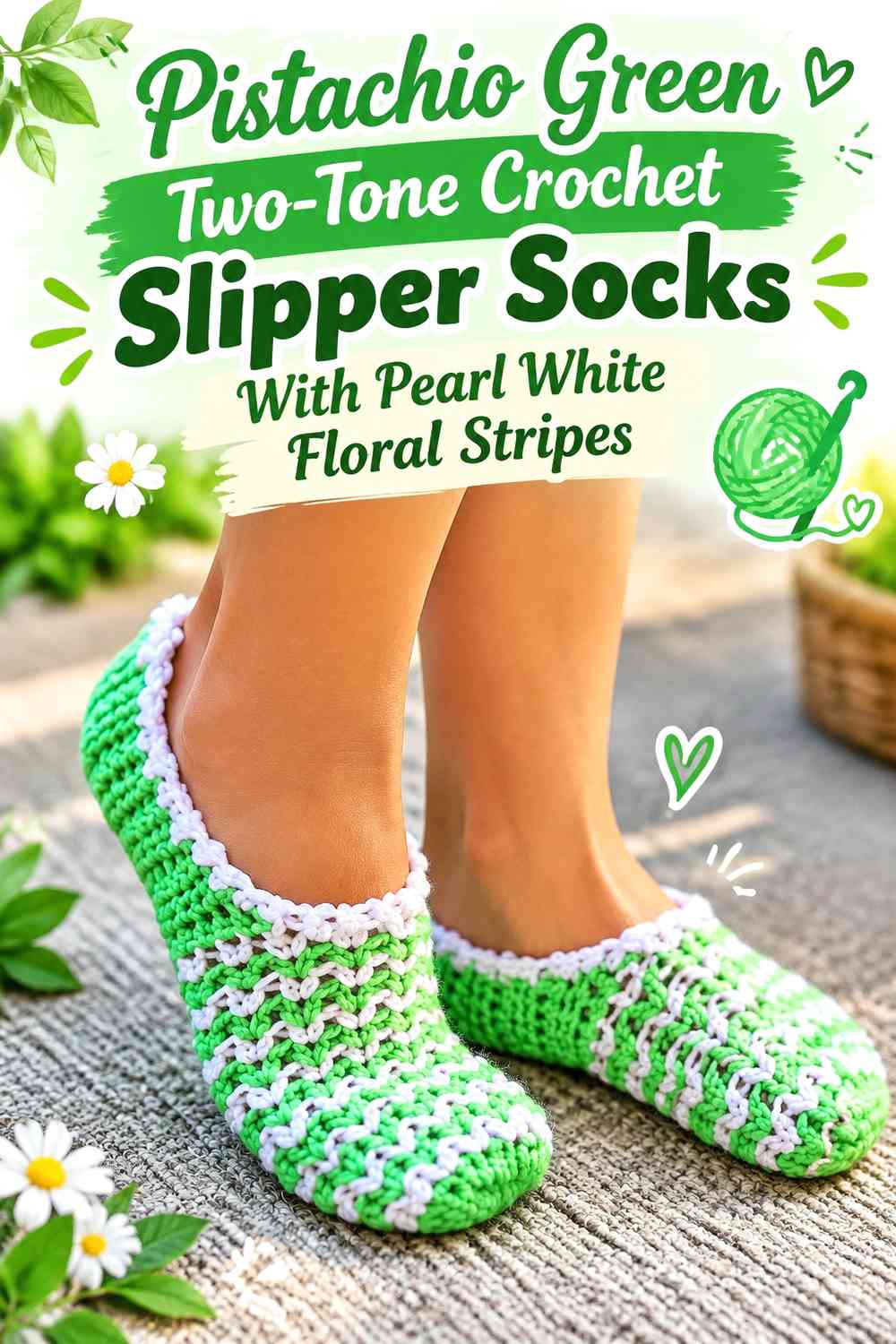 Pistachio Green Two-Tone Crochet Slipper Socks With Pearl White Floral Stripes