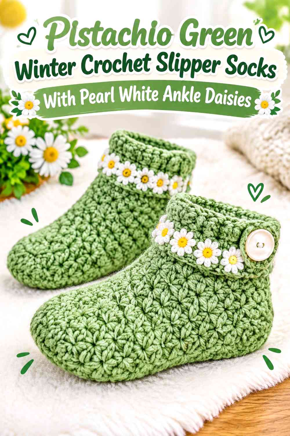 Pistachio Green Winter Crochet Slipper Socks With Pearl White Ankle Daisies