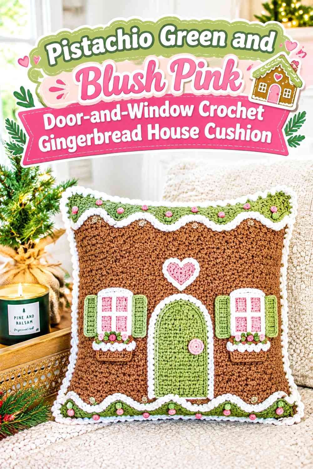 Pistachio Green and Blush Pink Door-and-Window Crochet Gingerbread House Cushion