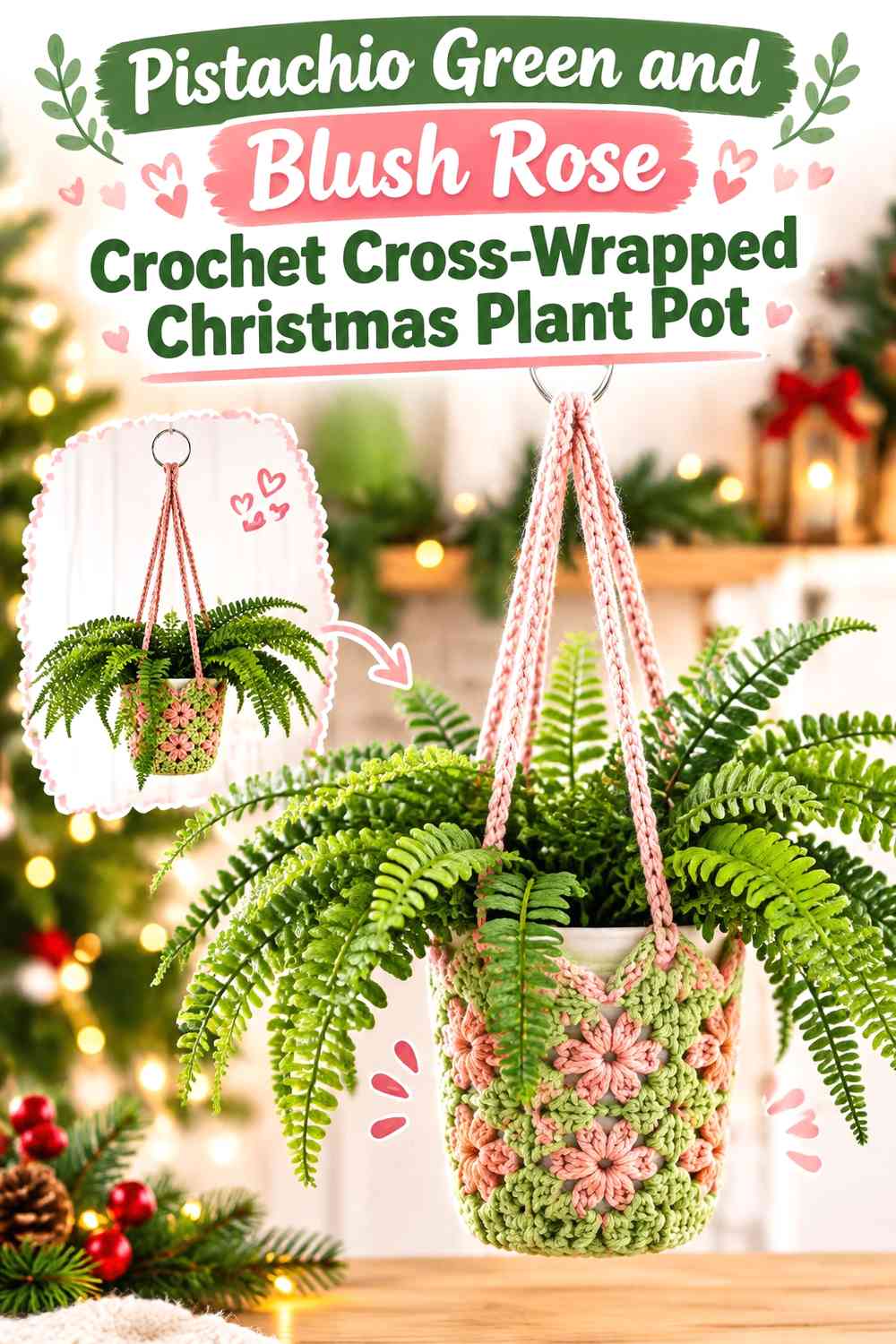 Pistachio Green and Blush Rose Crochet Cross-Wrapped Christmas Plant Pot