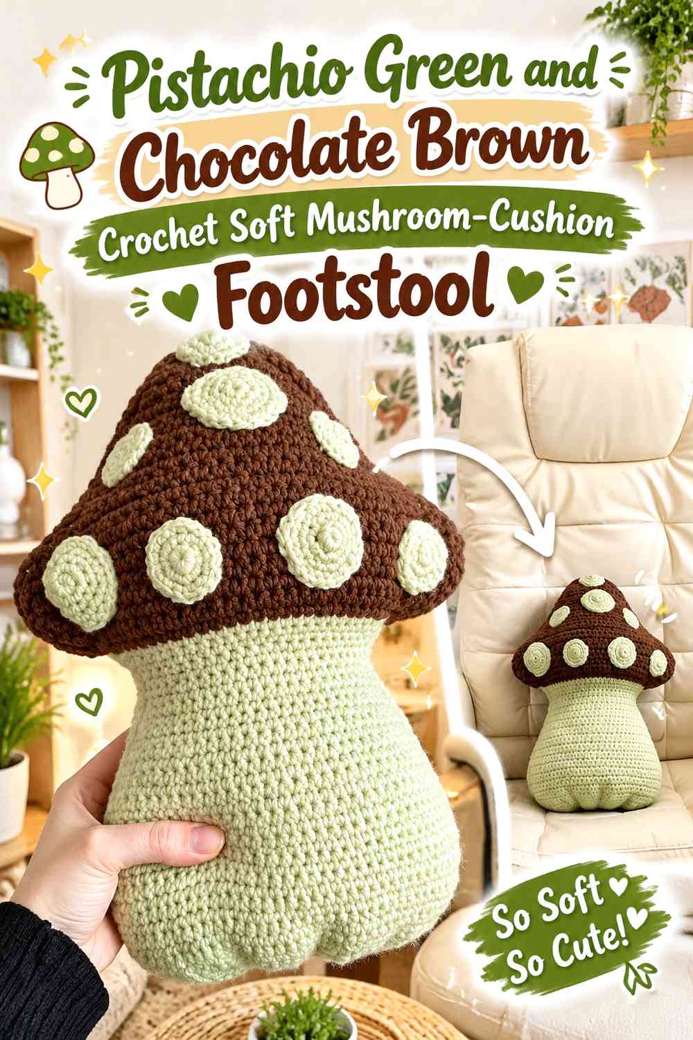 Pistachio Green and Chocolate Brown Crochet Soft Mushroom-Cushion Footstool