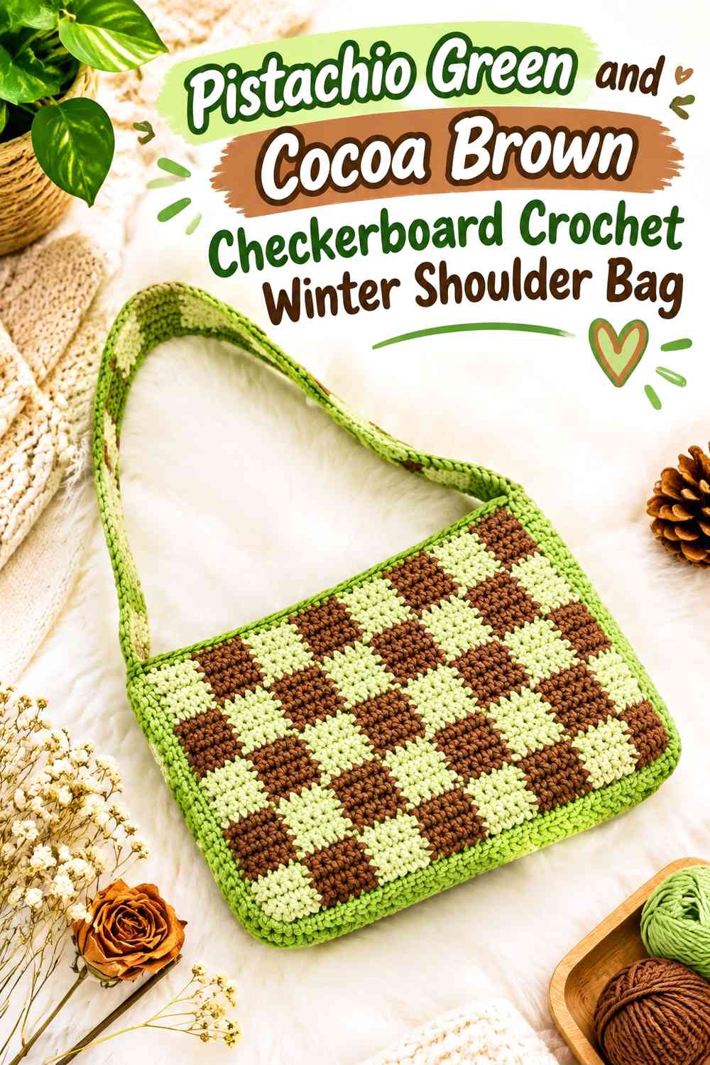 Pistachio Green and Cocoa Brown Checkerboard Crochet Winter Shoulder Bag