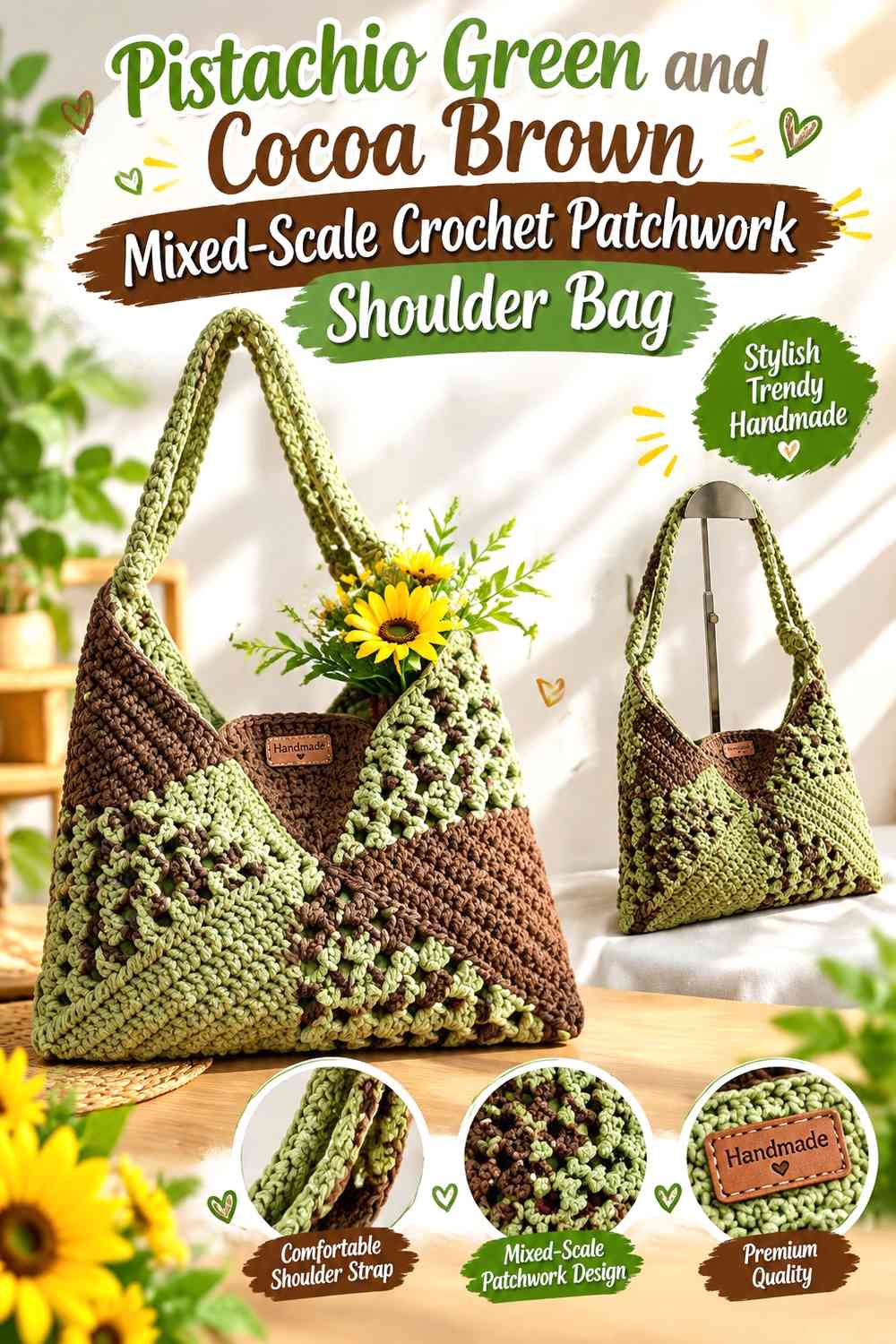 Pistachio Green and Cocoa Brown Mixed-Scale Crochet Patchwork Shoulder Bag