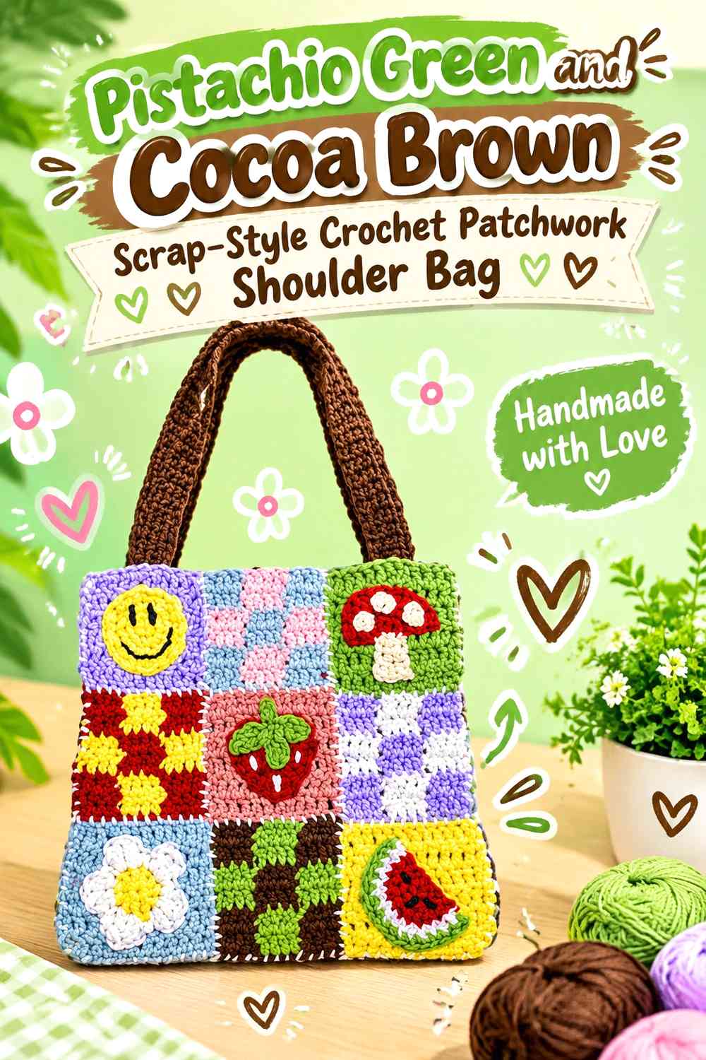Pistachio Green and Cocoa Brown Scrap-Style Crochet Patchwork Shoulder Bag