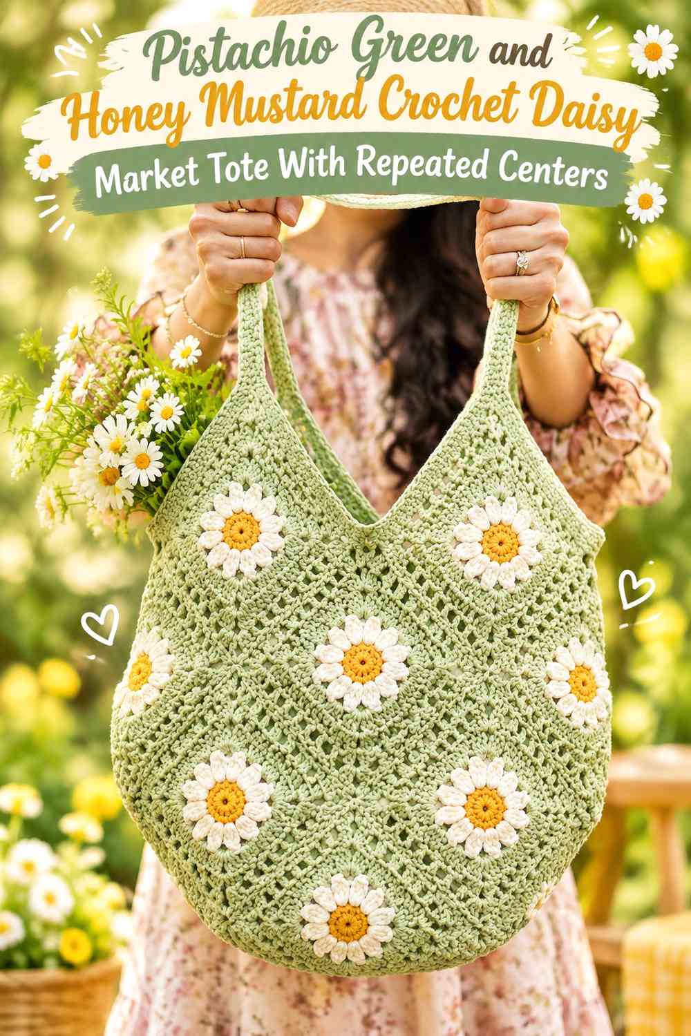 Pistachio Green and Honey Mustard Crochet Daisy Market Tote With Repeated Centers