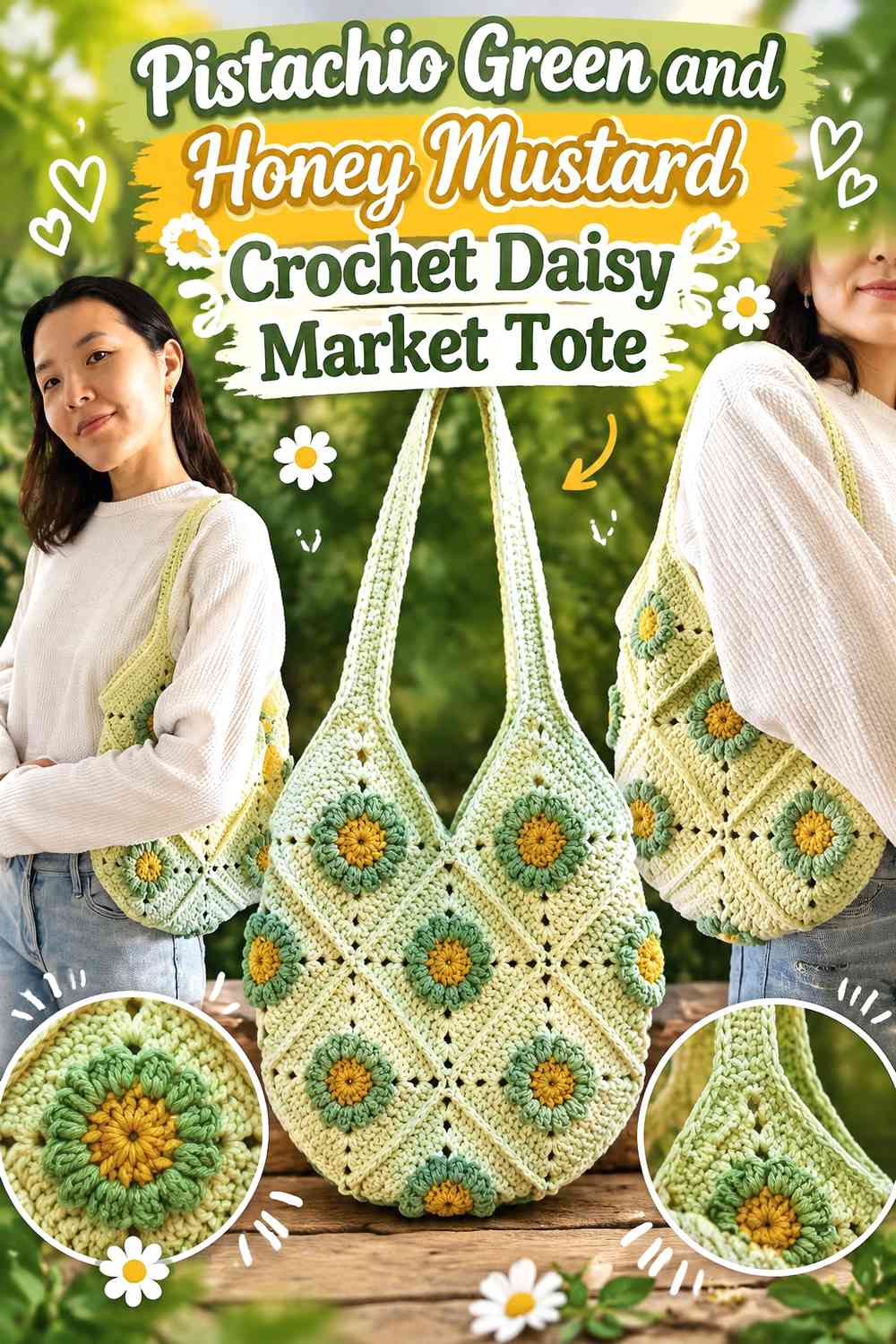 Pistachio Green and Honey Mustard Crochet Daisy Market Tote