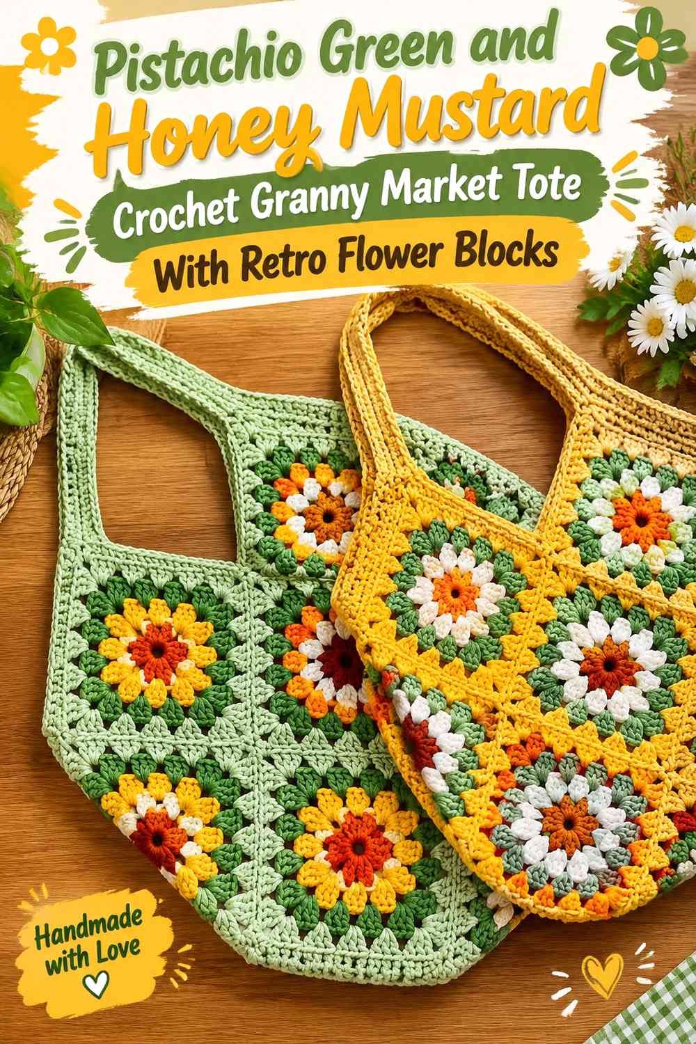 Pistachio Green and Honey Mustard Crochet Granny Market Tote With Retro Flower Blocks