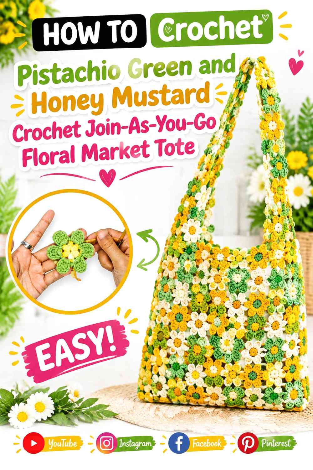Pistachio Green and Honey Mustard Crochet Join-As-You-Go Floral Market Tote