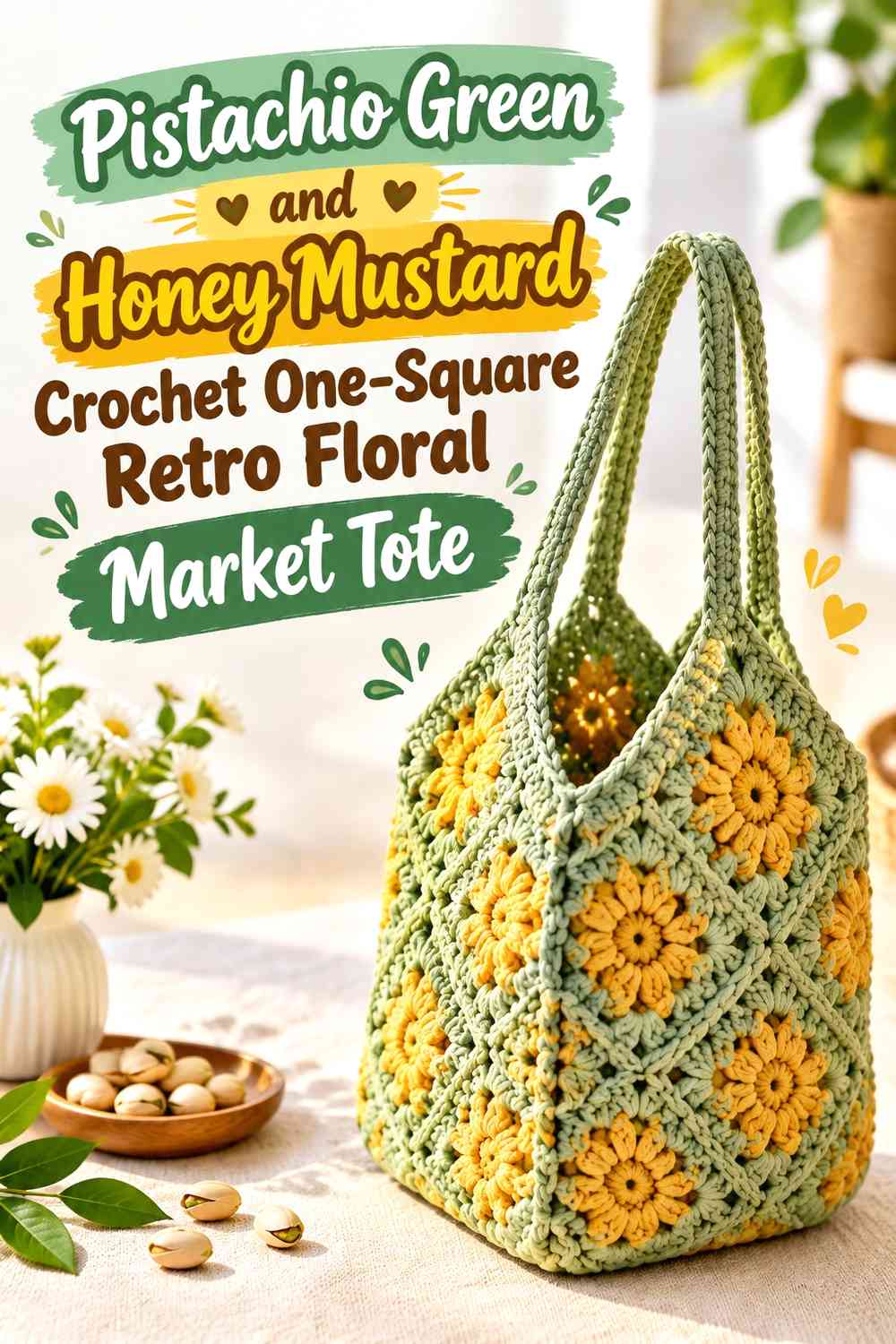 Pistachio Green and Honey Mustard Crochet One-Square Retro Floral Market Tote