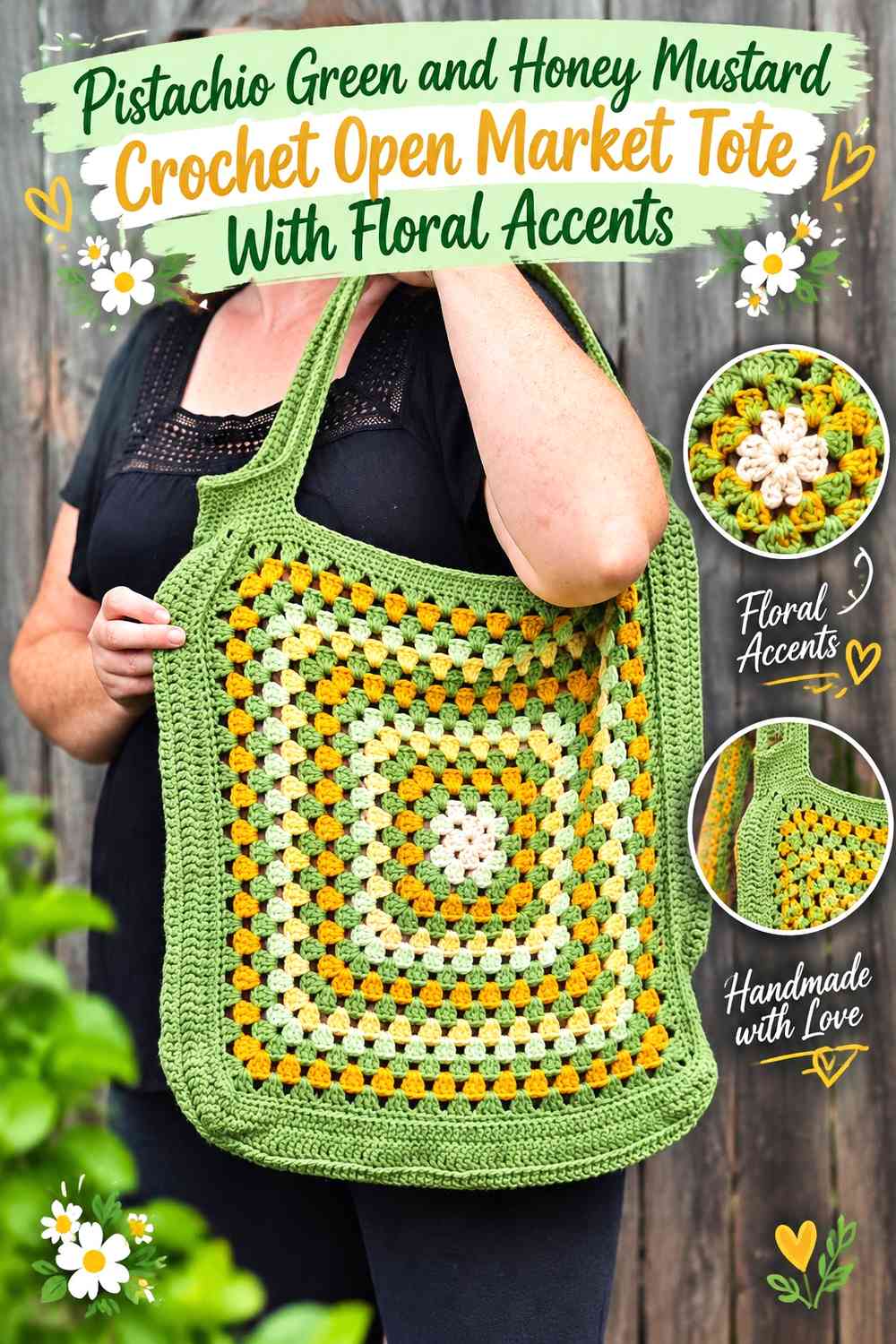 Pistachio Green and Honey Mustard Crochet Open Market Tote With Floral Accents