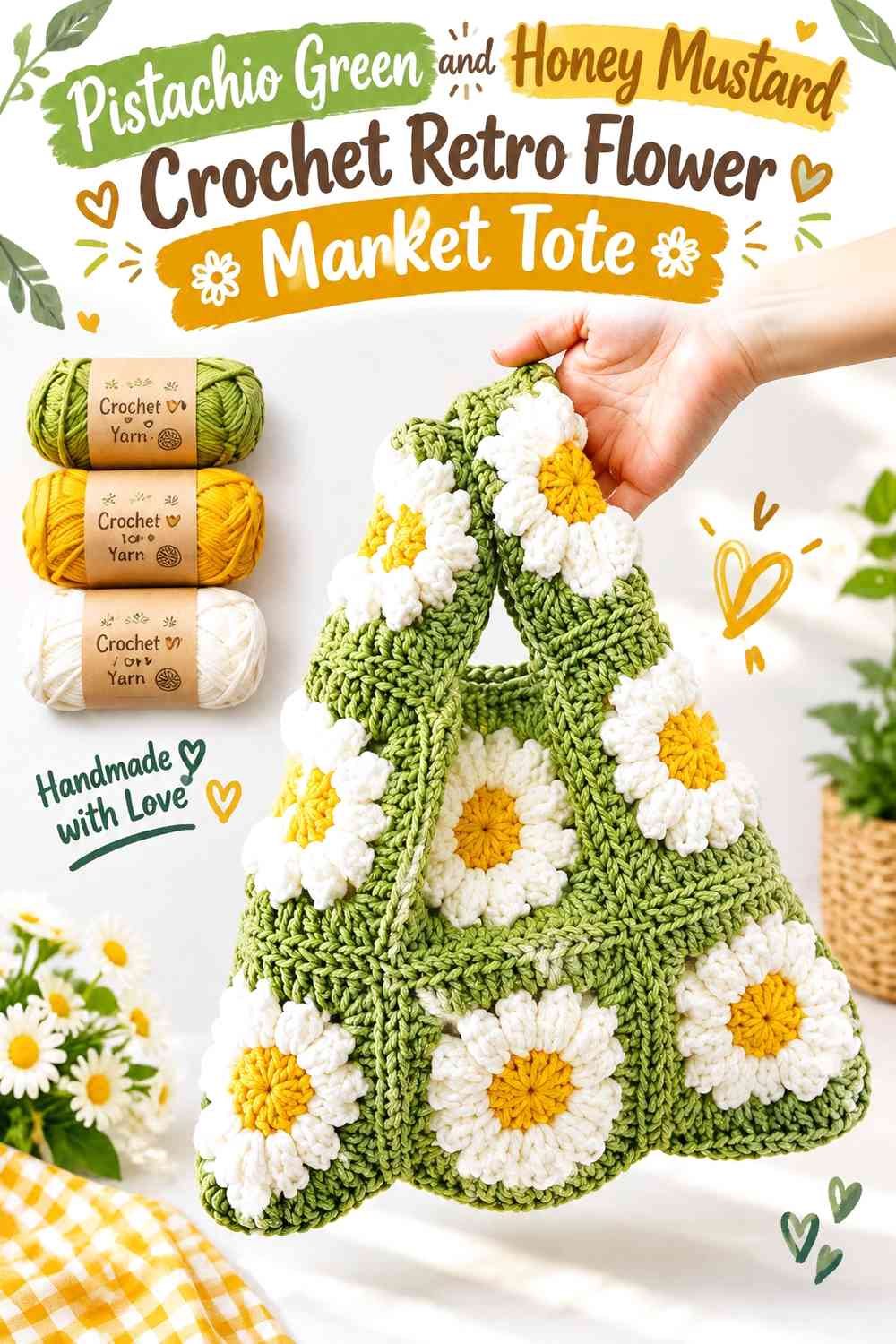 Pistachio Green and Honey Mustard Crochet Retro Flower Market Tote
