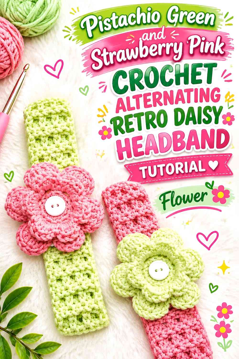 Pistachio Green and Strawberry Pink Crochet Alternating Retro Daisy Headband