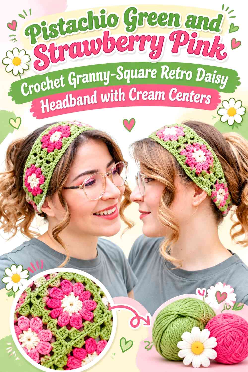 Pistachio Green and Strawberry Pink Crochet Granny-Square Retro Daisy Headband with Cream Centers