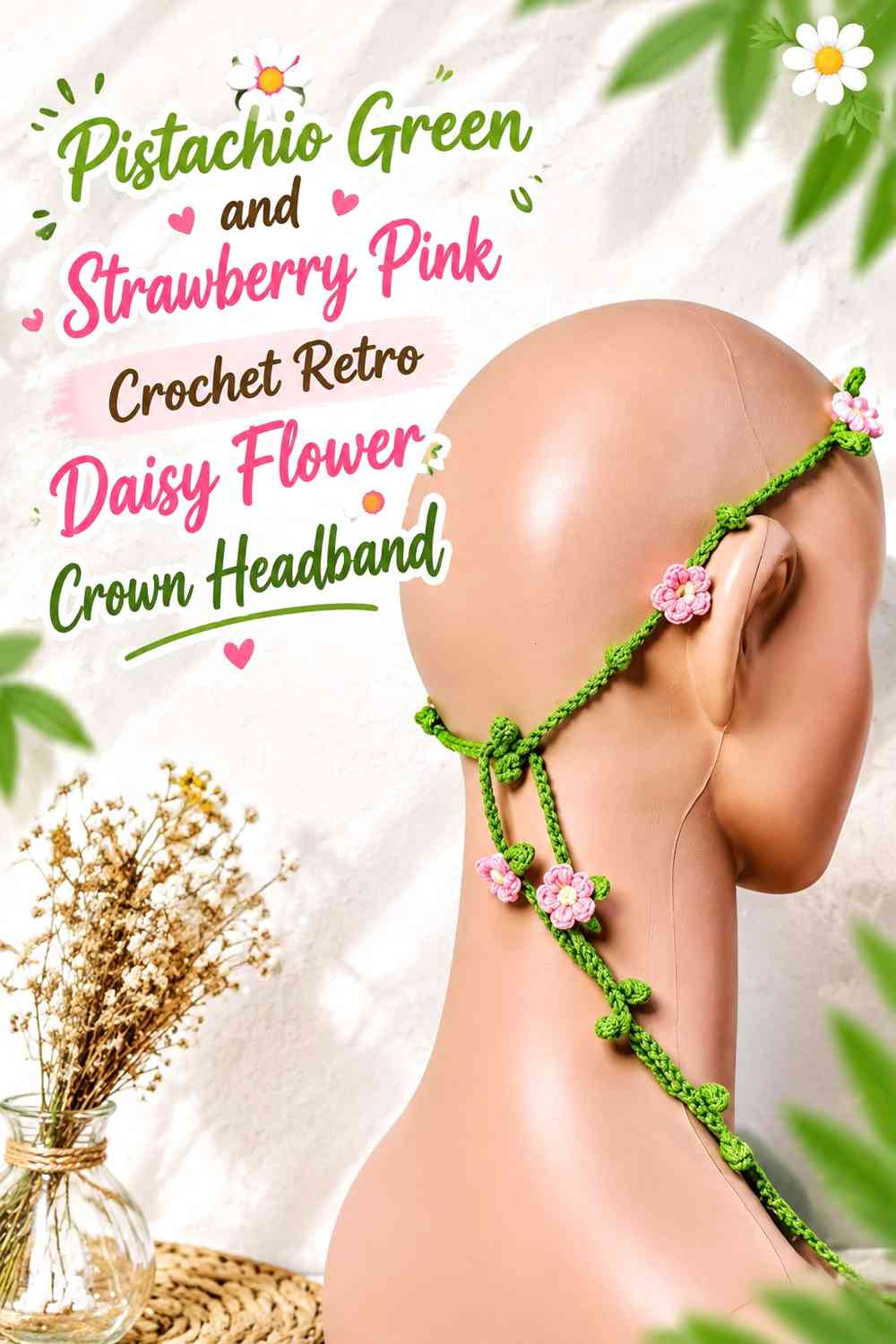 Pistachio Green and Strawberry Pink Crochet Retro Daisy Flower Crown Headband