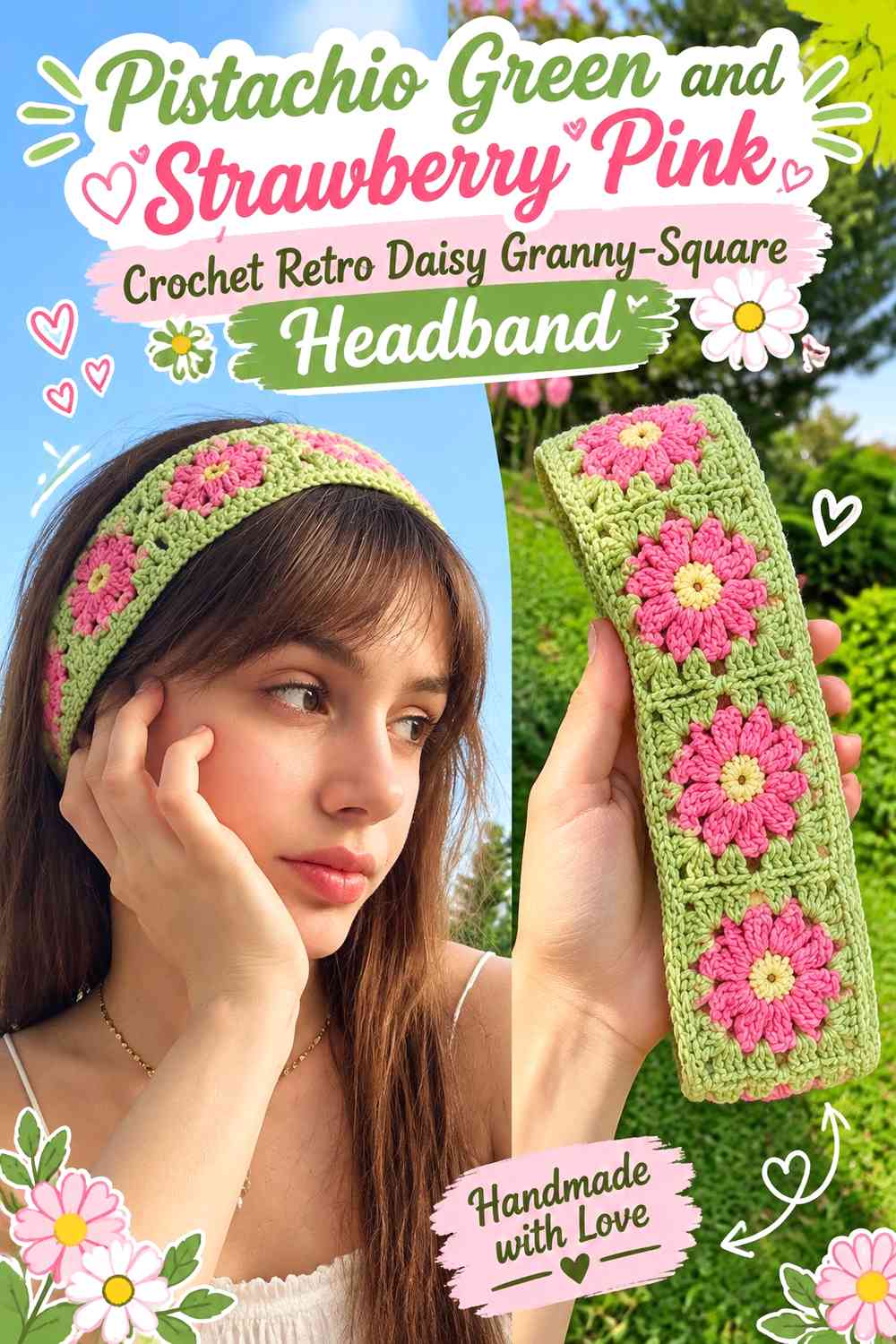Pistachio Green and Strawberry Pink Crochet Retro Daisy Granny-Square Headband