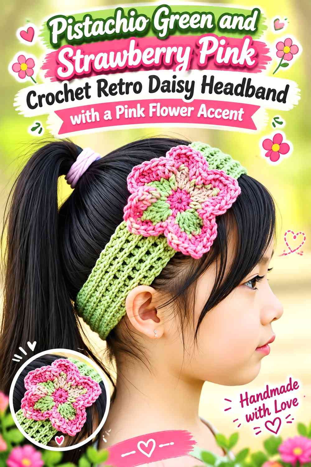 Pistachio Green and Strawberry Pink Crochet Striped Retro Daisy Headband