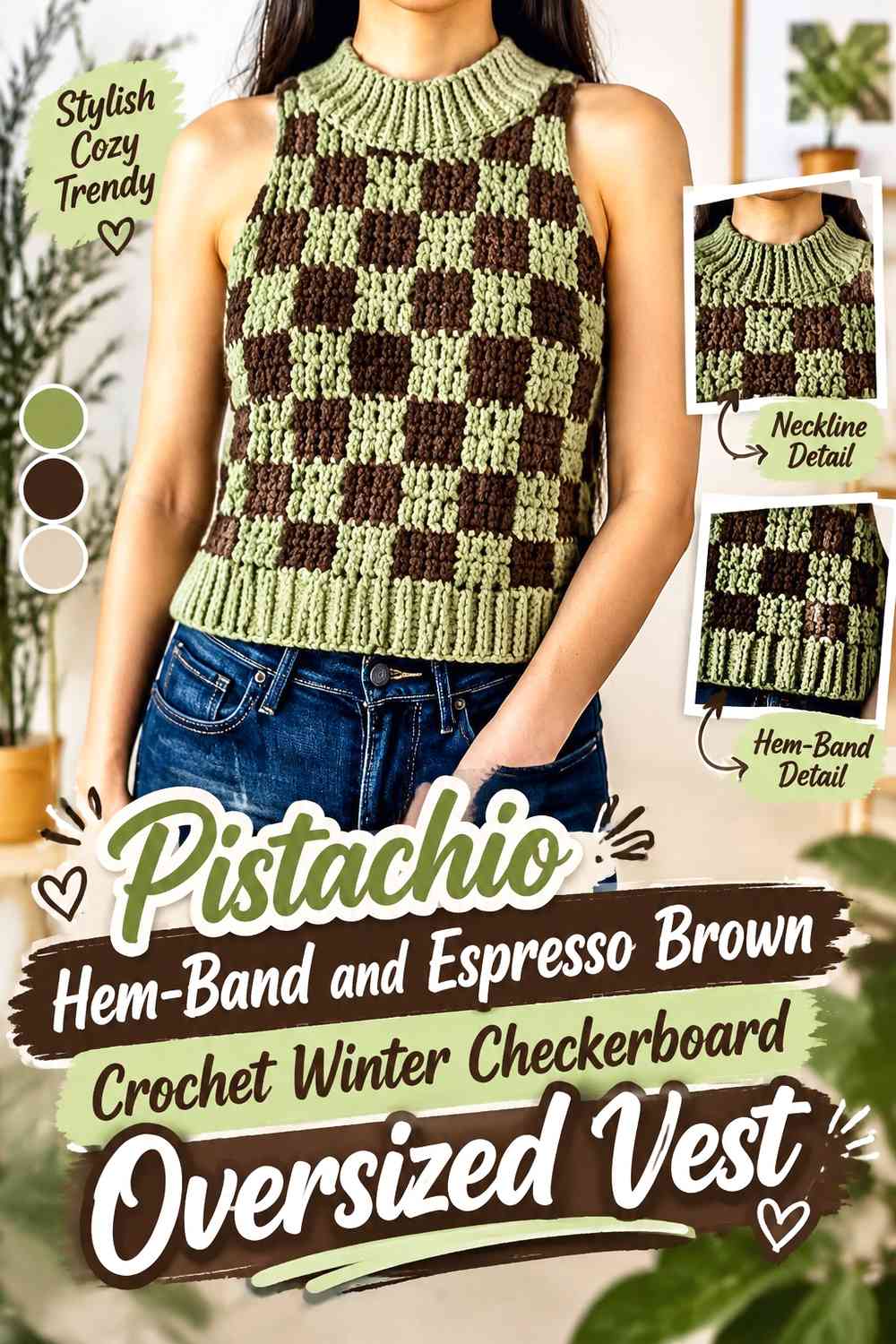 Pistachio Hem-Band and Espresso Brown Crochet Winter Checkerboard Oversized Vest