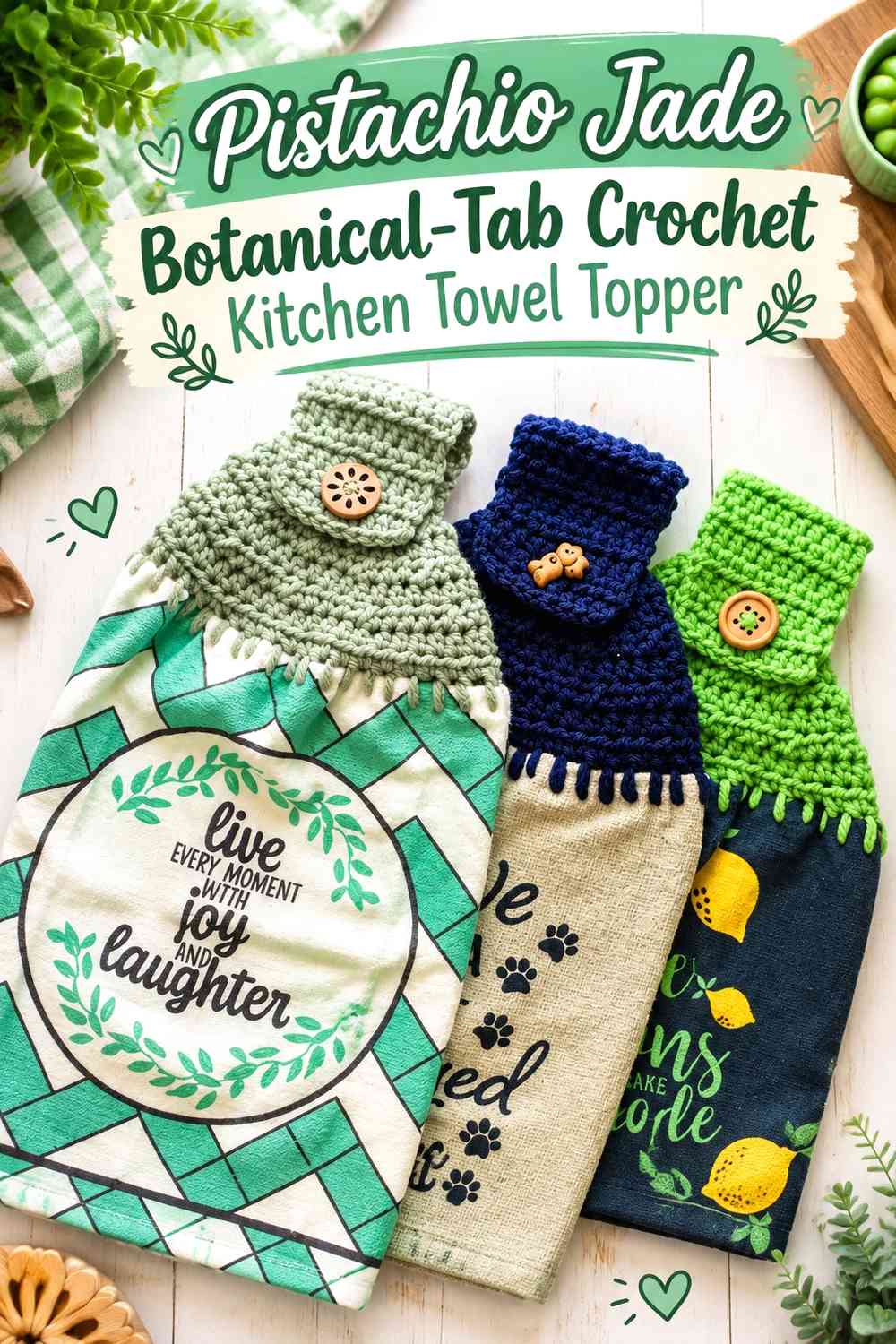 Pistachio Jade Botanical-Tab Crochet Kitchen Towel Topper
