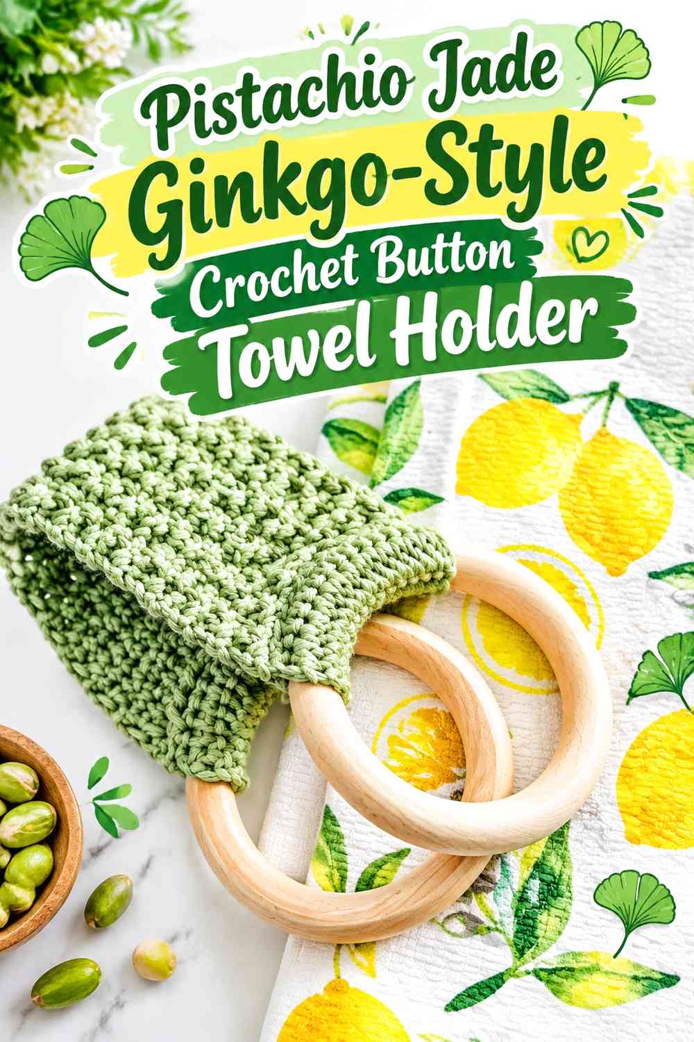 Pistachio Jade Ginkgo-Style Crochet Button Towel Holder