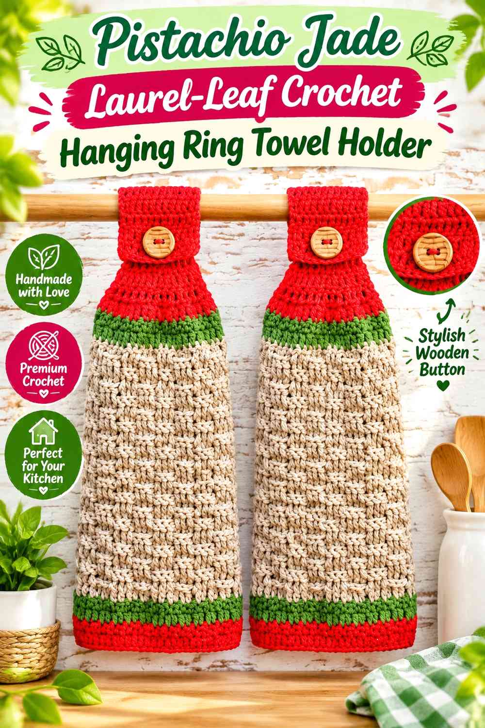 Pistachio Jade Laurel-Leaf Crochet Hanging Ring Towel Holder