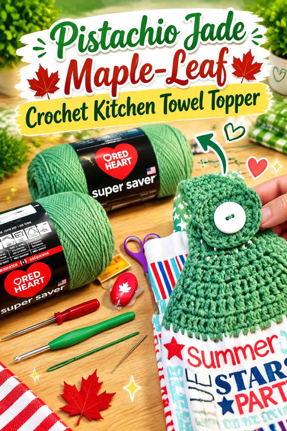Pistachio Jade Maple-Leaf Crochet Kitchen Towel Topper