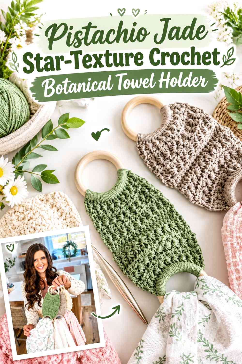 Pistachio Jade Star-Texture Crochet Botanical Towel Holder