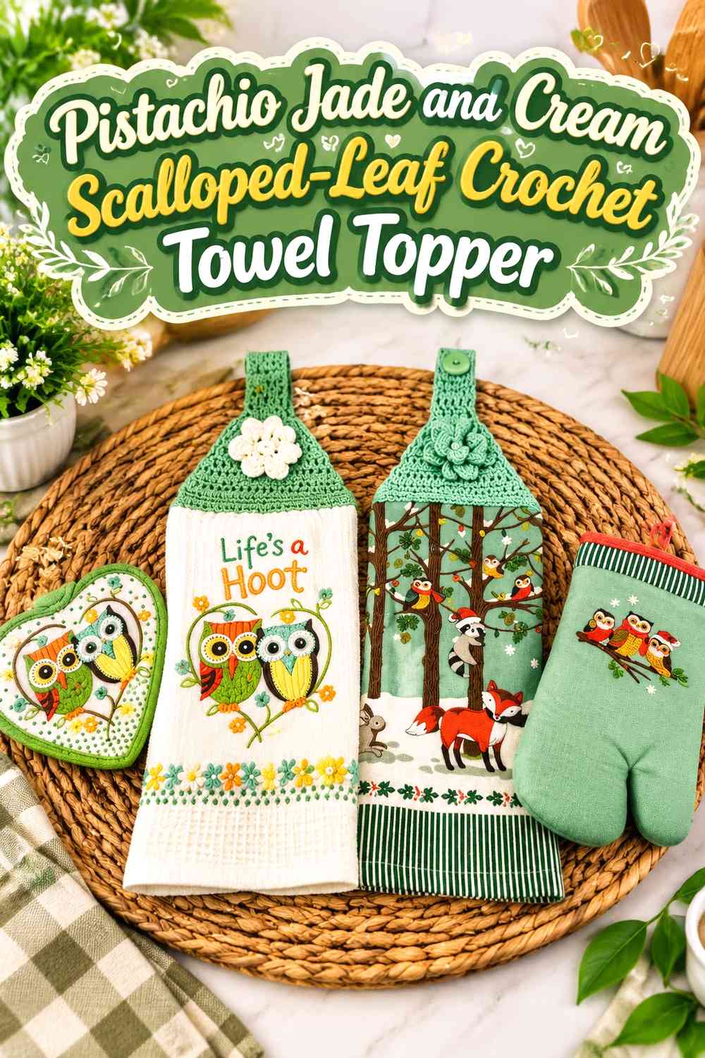 Pistachio Jade and Cream Scalloped-Leaf Crochet Towel Topper