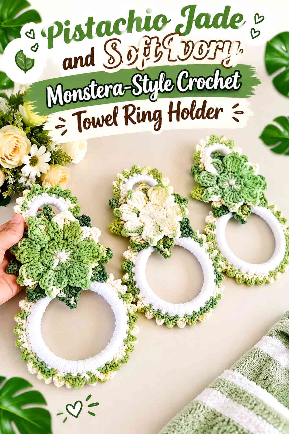 Pistachio Jade and Soft Ivory Monstera-Style Crochet Towel Ring Holder