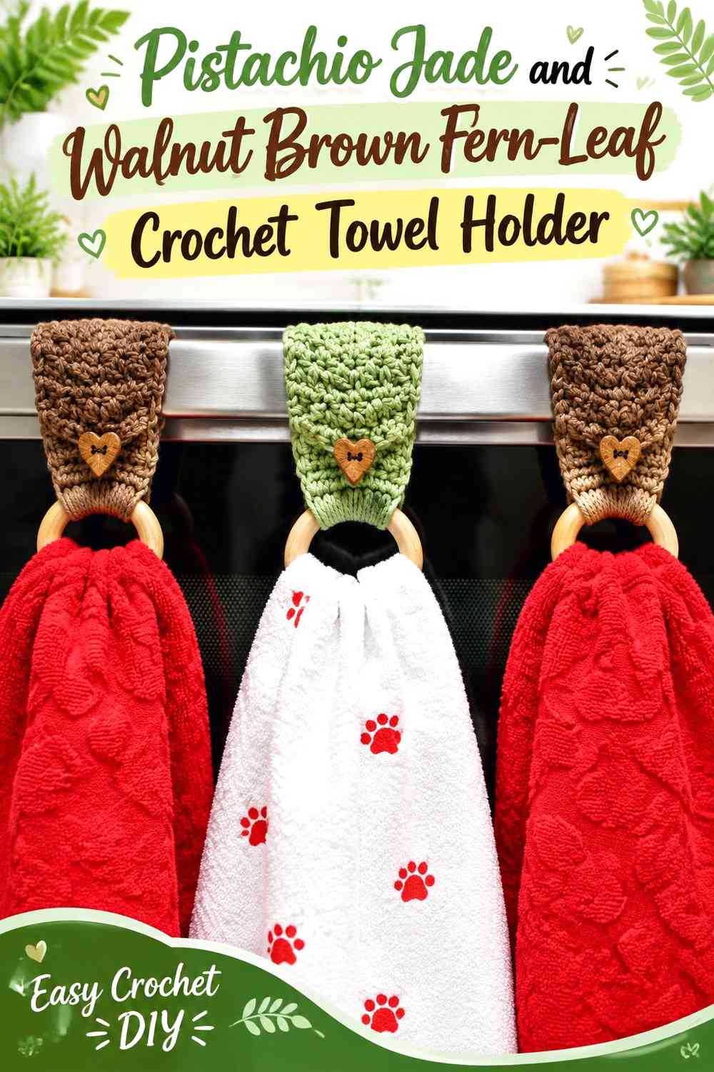 Pistachio Jade and Walnut Brown Fern-Leaf Crochet Towel Holder