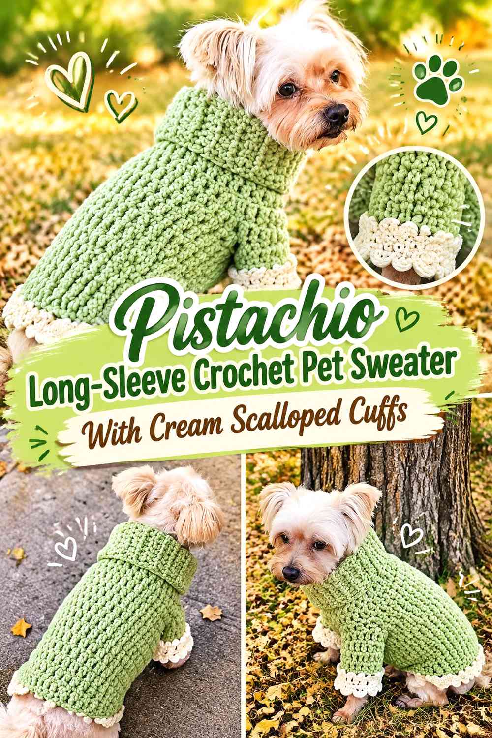 Pistachio Long-Sleeve Crochet Pet Sweater With Cream Scalloped Cuffs