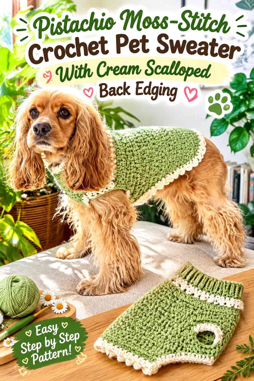 Pistachio Moss-Stitch Crochet Pet Sweater With Cream Scalloped Back Edging