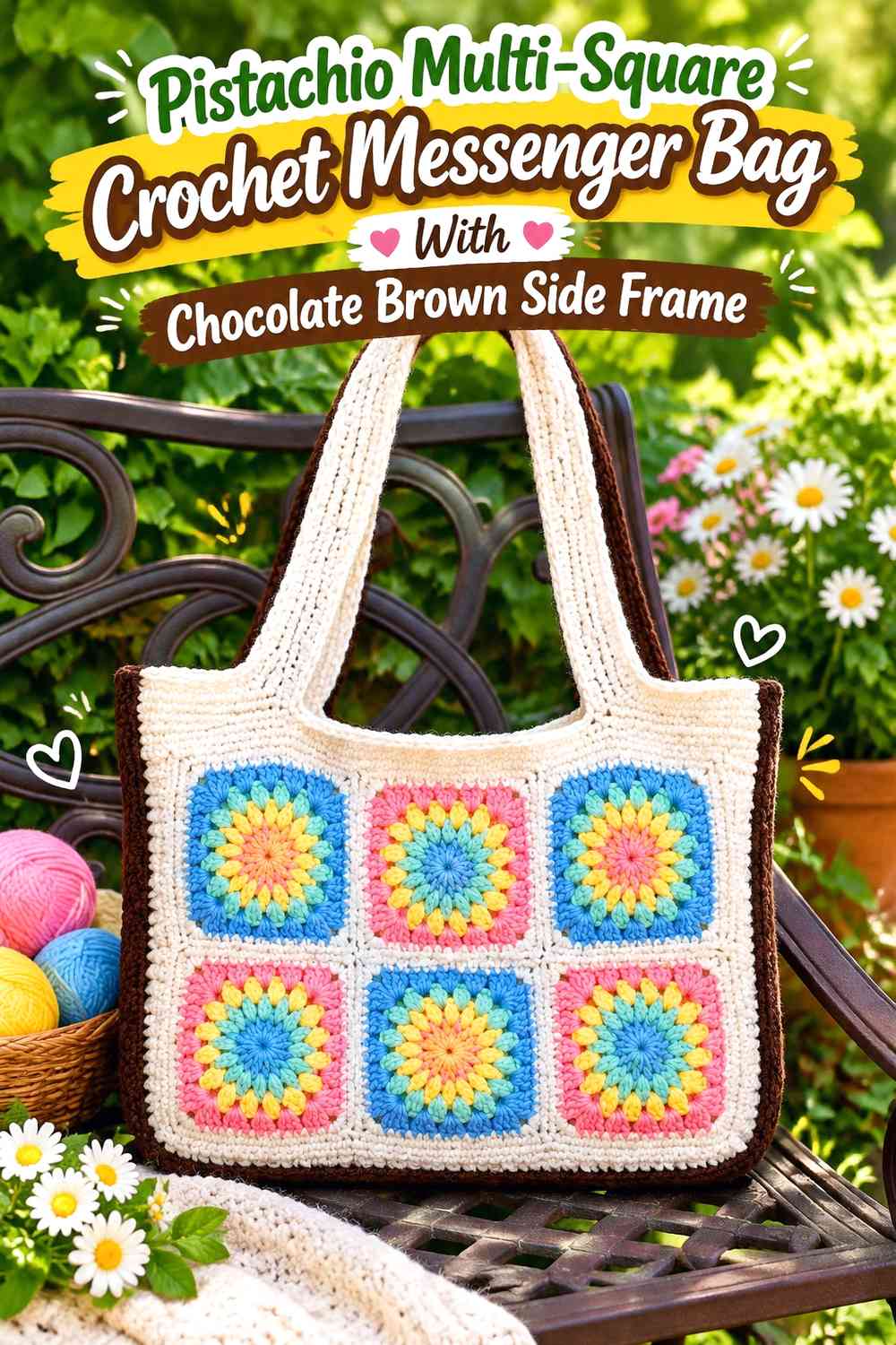 Pistachio Multi-Square Crochet Messenger Bag With Chocolate Brown Side Frame