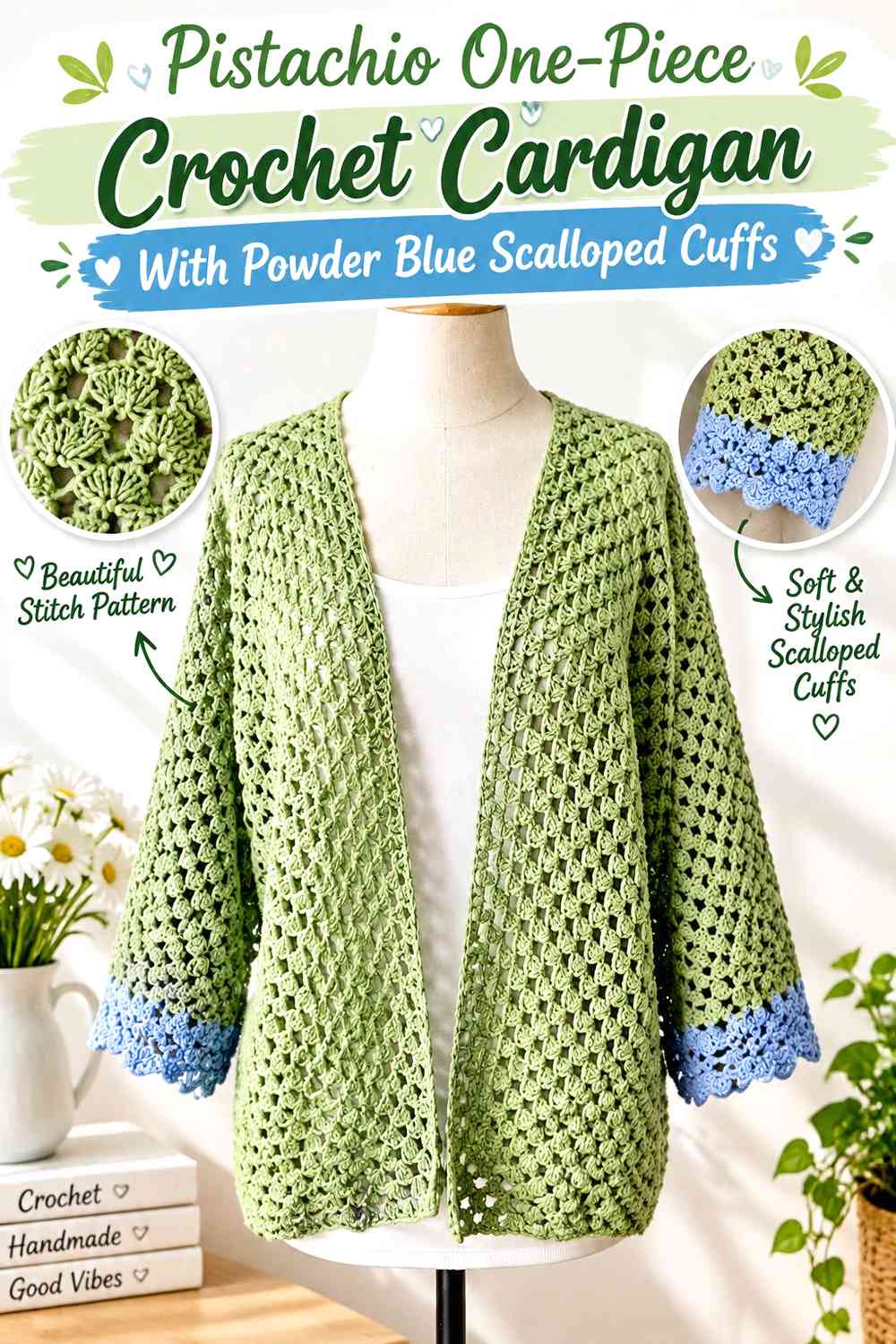 Pistachio One-Piece Crochet Cardigan With Powder Blue Scalloped Cuffs