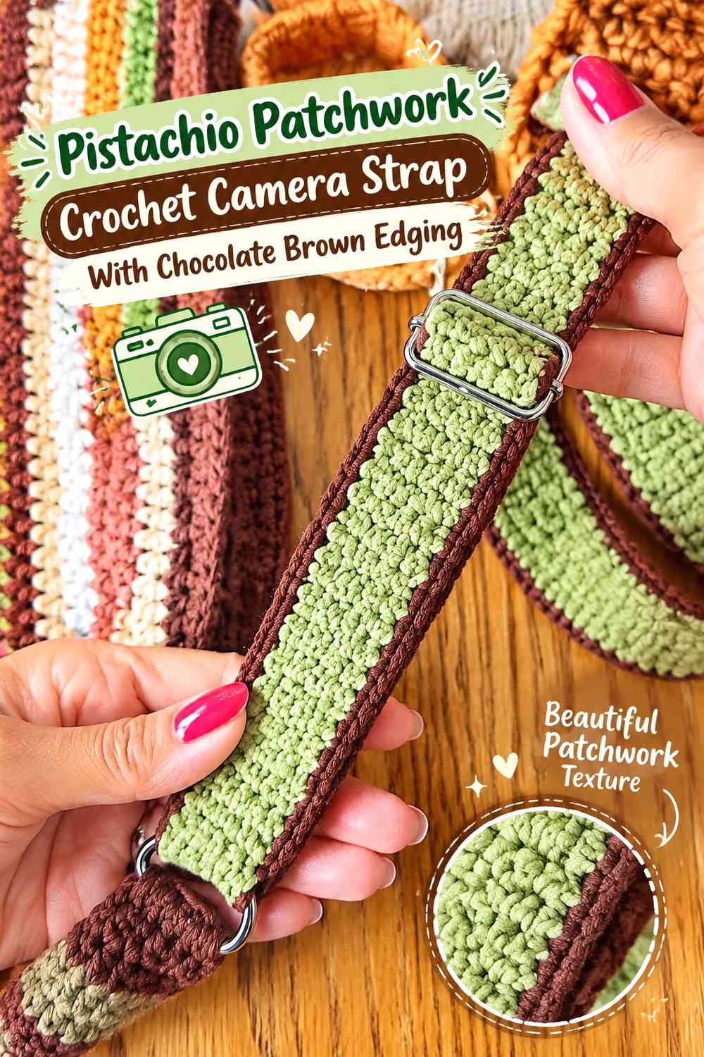 Pistachio Patchwork Crochet Camera Strap With Chocolate Brown Edging