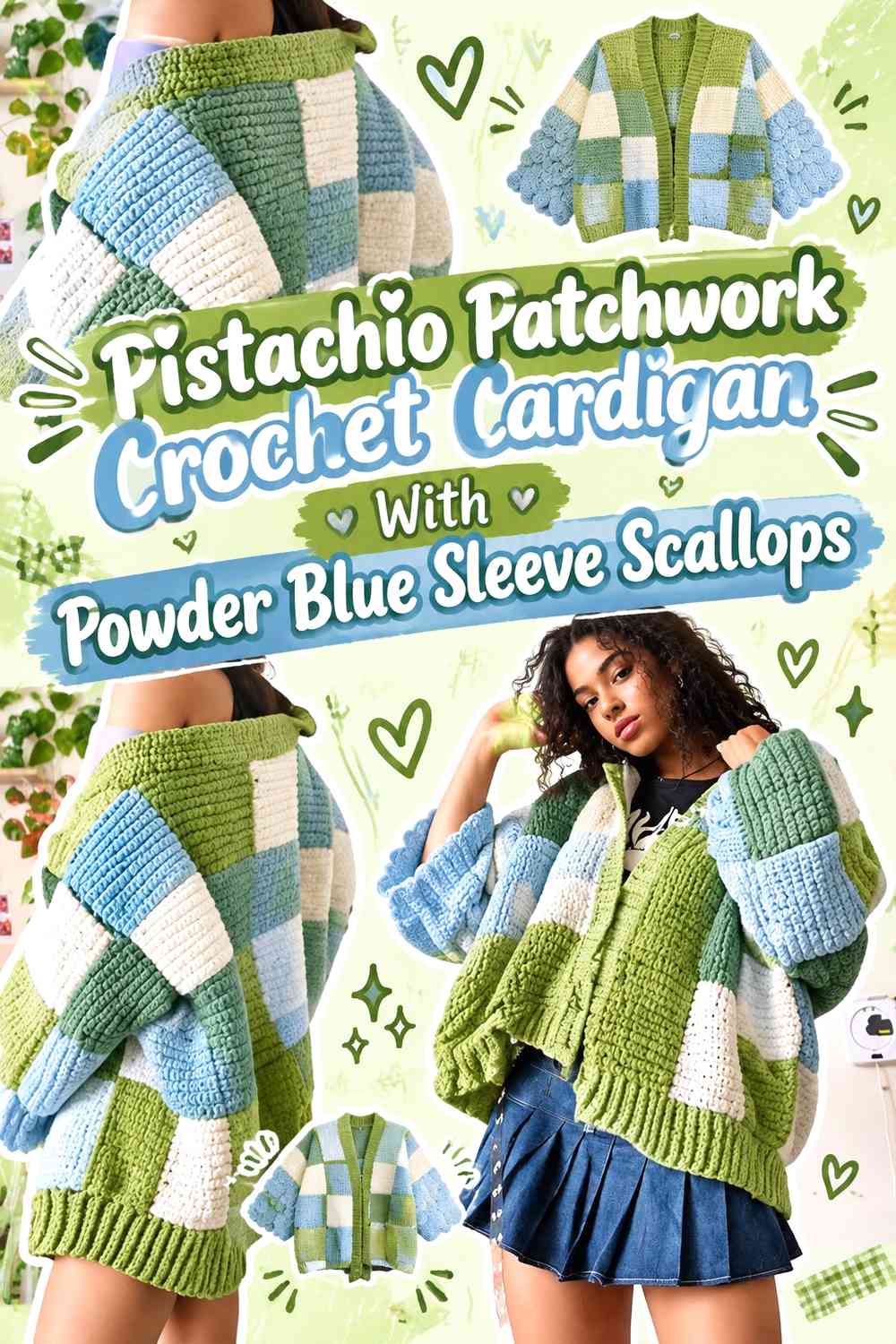 Pistachio Patchwork Crochet Cardigan With Powder Blue Sleeve Scallops
