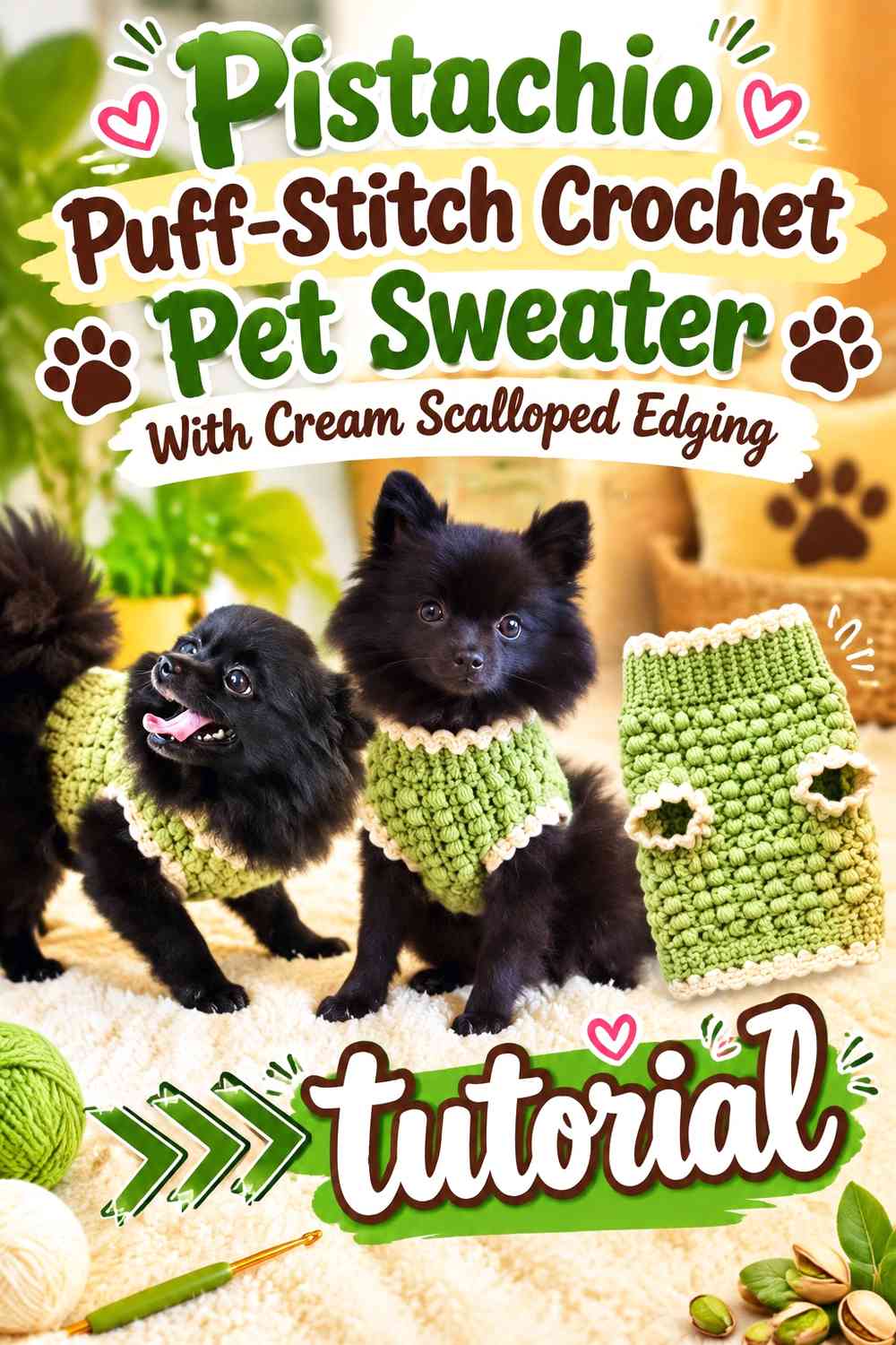 Pistachio Puff-Stitch Crochet Pet Sweater With Cream Scalloped Edging