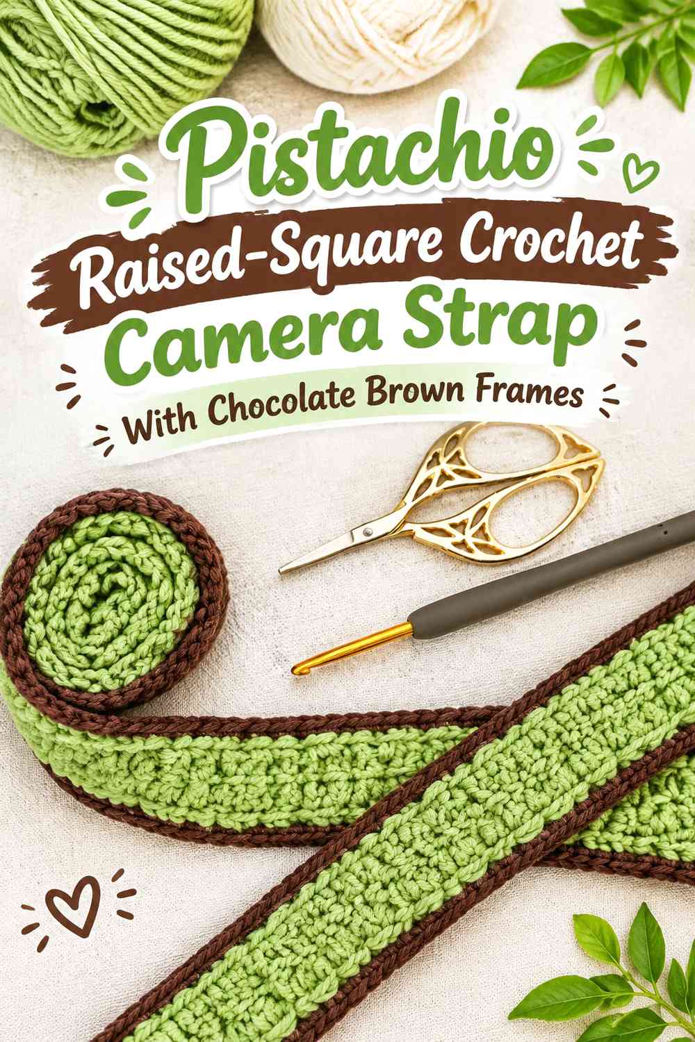 Pistachio Raised-Square Crochet Camera Strap With Chocolate Brown Frames