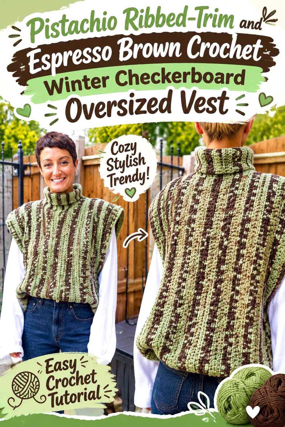 Pistachio Ribbed-Trim and Espresso Brown Crochet Winter Checkerboard Oversized Vest