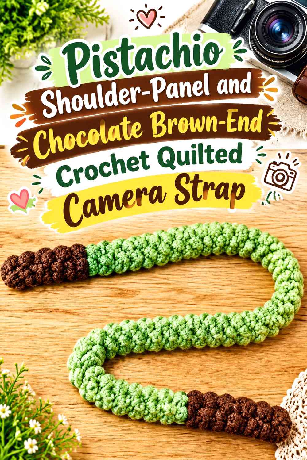 Pistachio Shoulder-Panel and Chocolate Brown-End Crochet Quilted Camera Strap