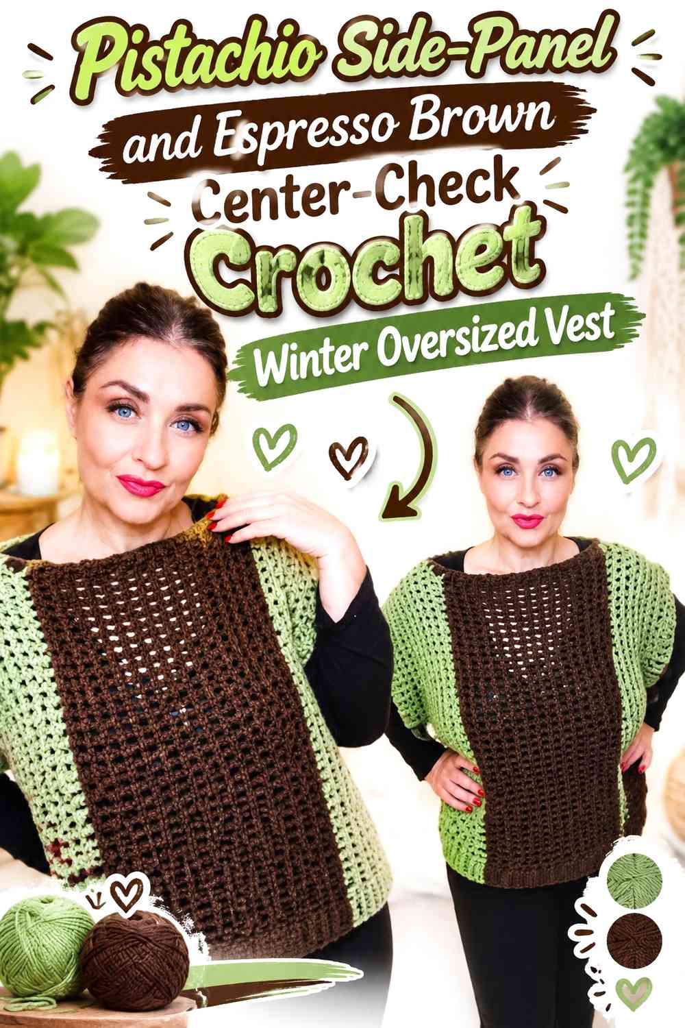 Pistachio Side-Panel and Espresso Brown Center-Check Crochet Winter Oversized Vest