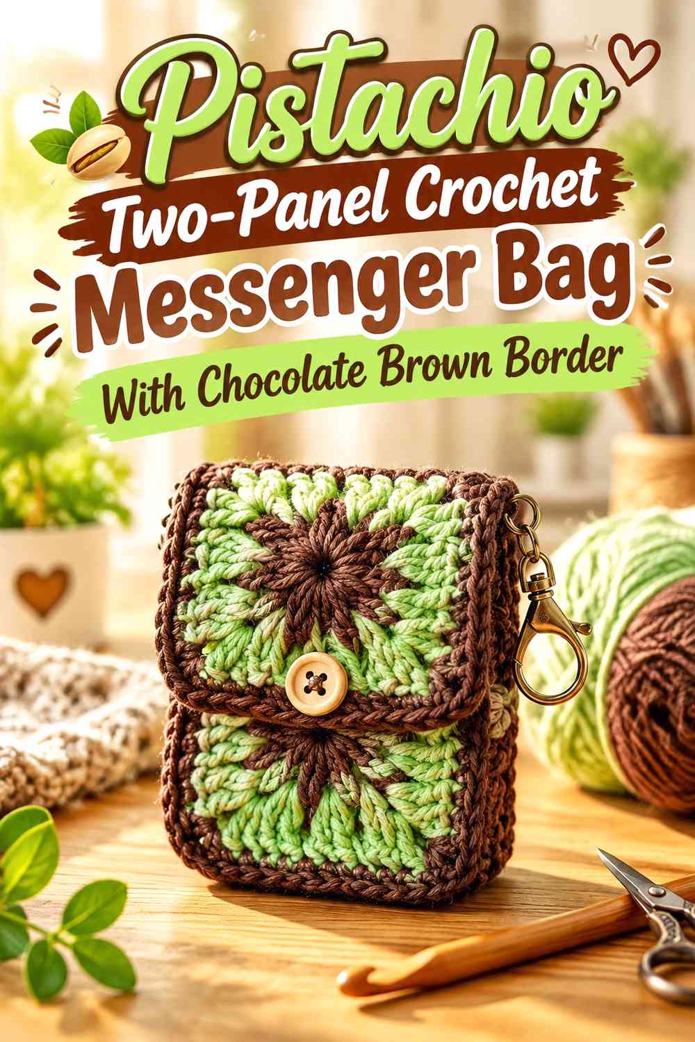Pistachio Two-Panel Crochet Messenger Bag With Chocolate Brown Border