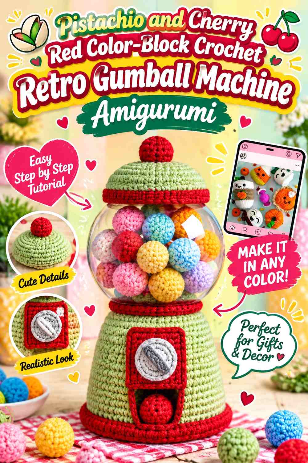 Pistachio and Cherry Red Color-Block Crochet Retro Gumball Machine Amigurumi